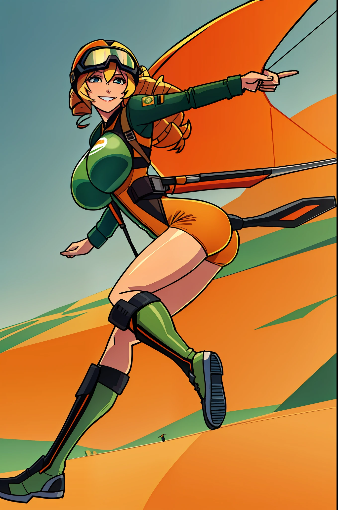 balsamique, masterpiece, best quality, 1girl, solo, paragliding, glider, orange helmet, blonde hair, hair drills, smiling, green goggles, large breasts, flight suit, huge ass,
