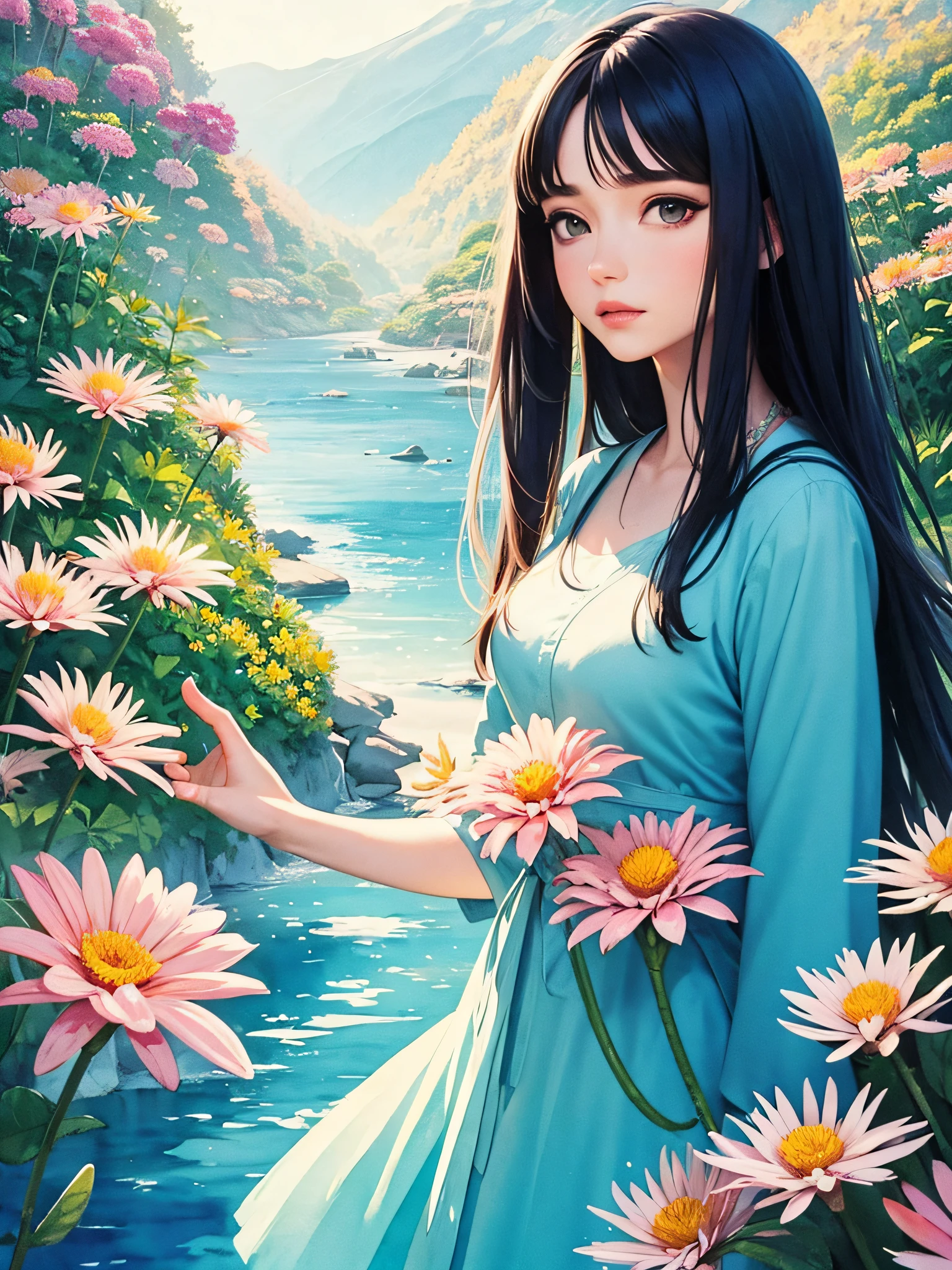 (watercolor) Masterpiece Portrait, Hdr, volumetric lighting, (themum:1.3), valley mountain forest, ocean ice rivers aurora, (portrait) anime (woman:1.3) 1girl