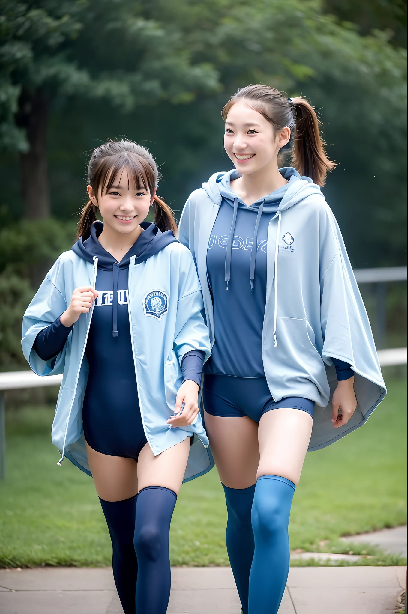 ((Ponytail girl in light blue high-leg school swimsuit and poncho hood)),,Smiling,(Hooded boy),Two people side by side with student bag walking,It's raining Wet road,Wearing boots