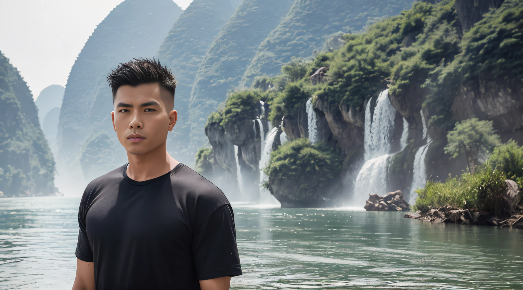 A man in a black T-shirt, blue jeans, bust, back to the camera, photo standing by the river looking at the scenery, Guilin, China, wide angle photo, clear focus, travel photography, Li River smoke and rain, heads-up lens, featured photo 4K, detailed landscape, realistic photo