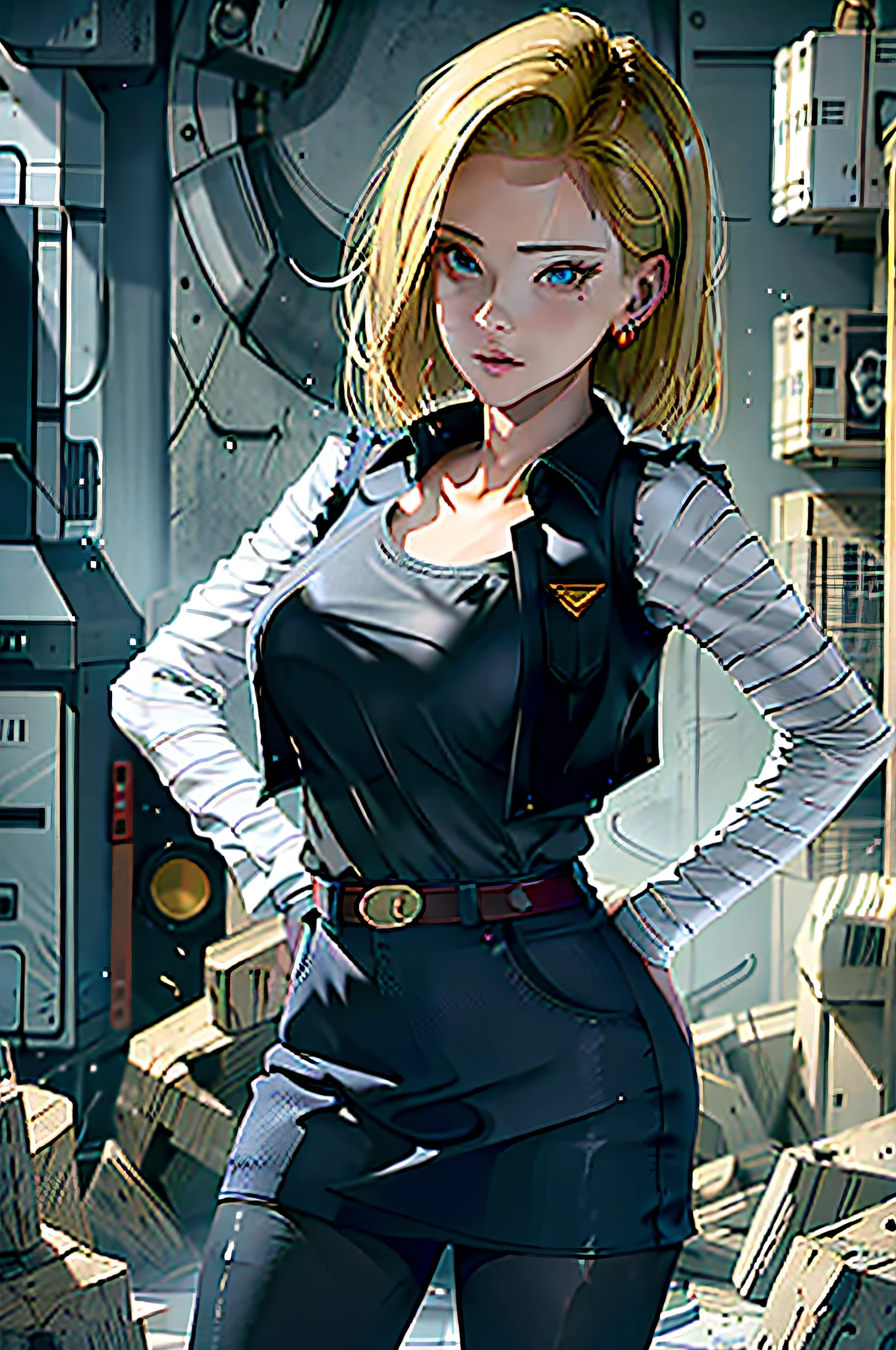 (very detailed background:1.0), (highly detailed background:1.0),absurdres, ((masterpiece:1.2, best quality)), ultra detailed, Ultra-precise depiction, Ultra-detailed depiction, best quality, extremely detailed, (dynamic pose), (photorealistic:1.4), official art, unity 8k wallpaper, beautiful and aesthetic, looking at viewer, 1lady, wide hips, (shiny skin), many colors, dynamic angle, the most beautiful form of chaos, elegant, a brutalist designed, romanticism, deep shadow, low key, looking back, ANDROID_18, AND18, and18, 1girl, android 18, solo, blonde hair, blue eyes, short hair, earrings, jewelry, denim vest, open vest, black pantyhose, black shirt, denim skirt, striped long sleeves, blue skirt, large breasts
