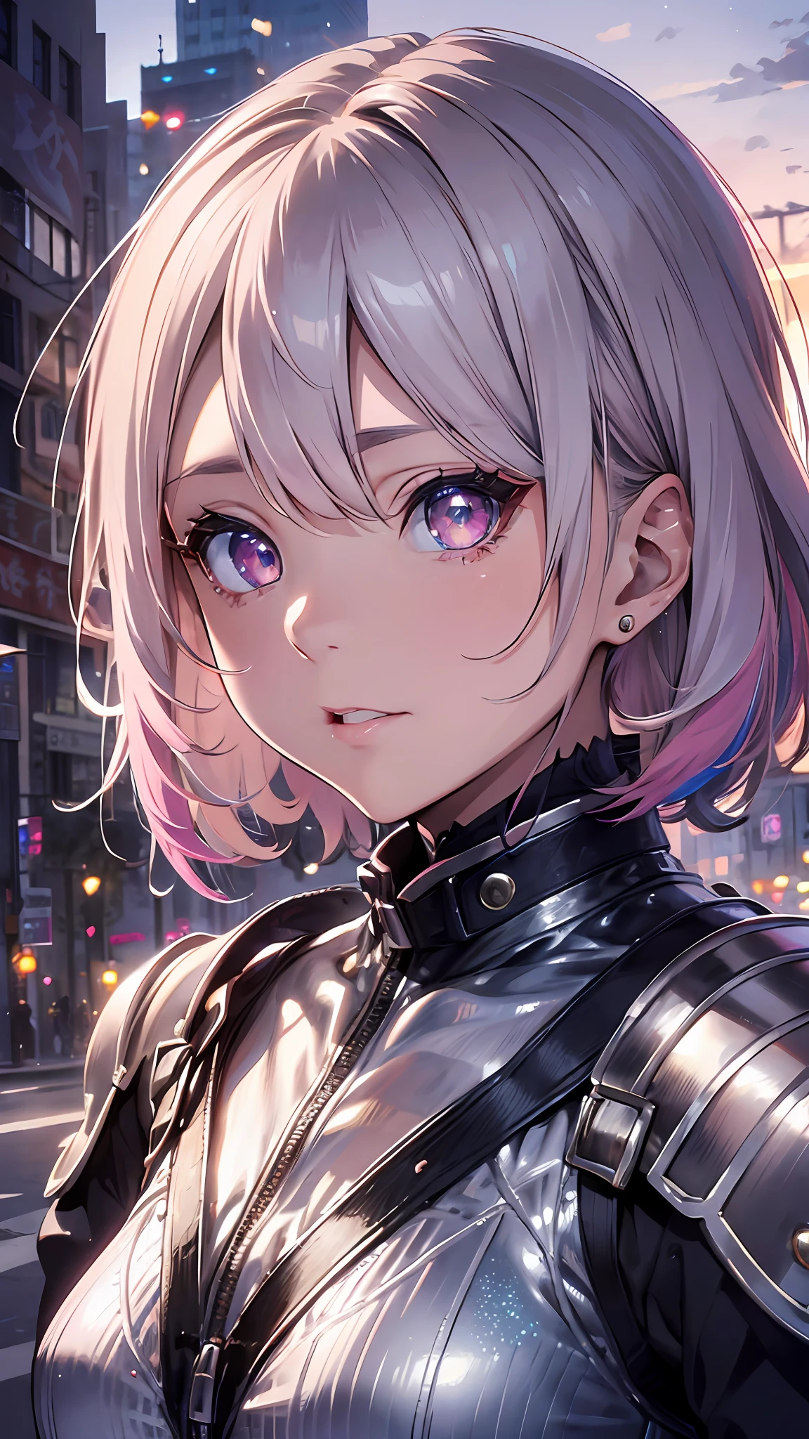 Realistic, Hyper Detail, Girls Only, Layered Bob, Dynamic Lighting, ((Bold imaginative pose)), (Glossy skin: 1.5), Masterpiece, Top Quality, Absurdity, Watching Viewer, (Blonde and Pink Hair), deep Purple Clearstarry   Eyes,((Beautiful, detailed eyes, jewel-like eyes, colorful eyes, sparkling eyes:1.3)), Slender, High Resolution, Sharp Focus, Depth of Field, Detail Eyes, Sharp Eyes, (Realistic Eyes)), outdoors, sunrise sky, (attractive delicate design silver armor: 1.3)