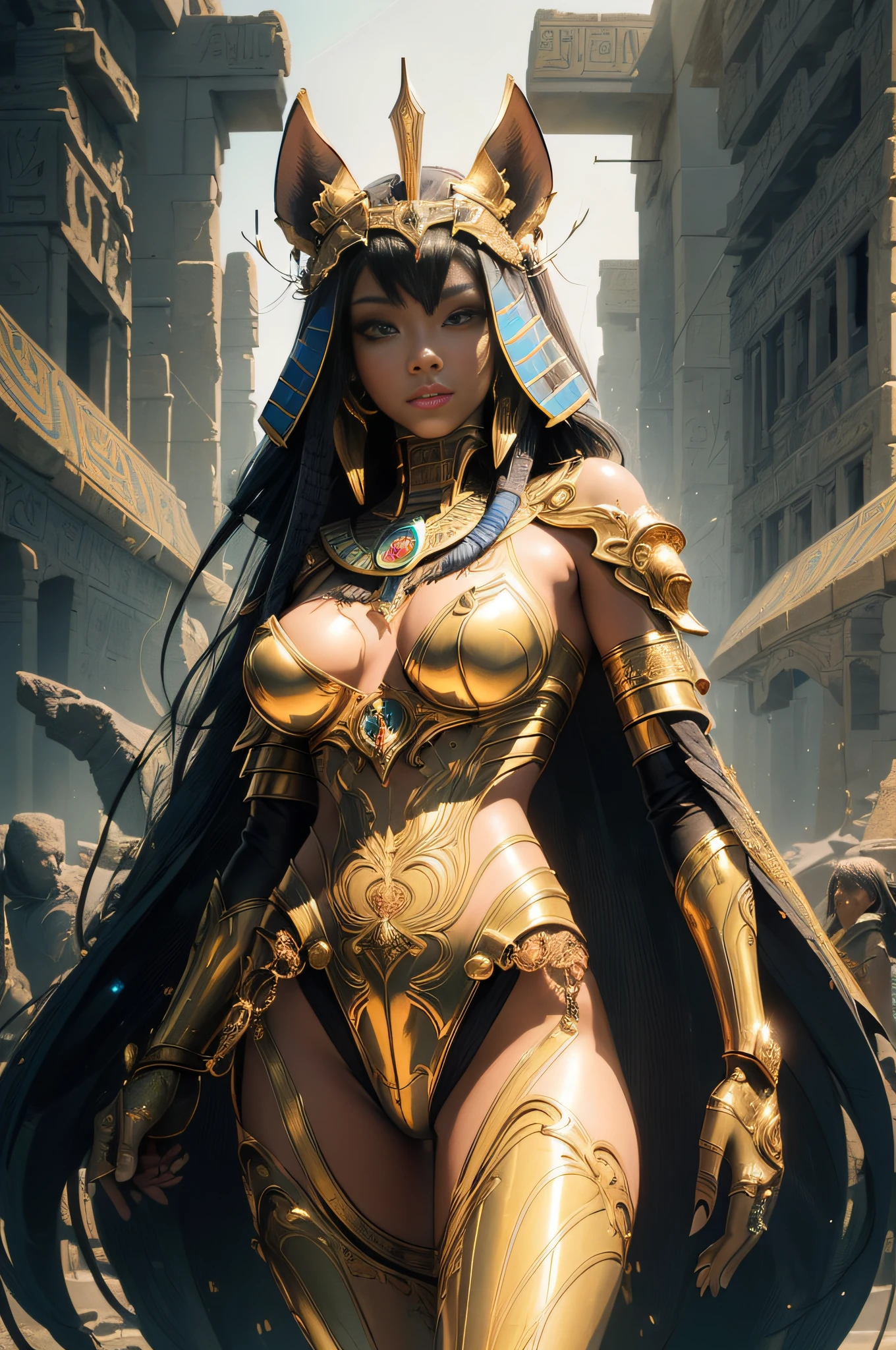 [Detailed illustrations, art based on extremely ideal anatomy, very detailed and detailed drawings, slow and delicate lines, realistic texture expression],((Color tressed lines)),(Artwork with outstanding craftsmanship),(Ruins background (Ancient Egypt)),[HENTAI ANIME Girl Beauty Cyborg ] (Large, seductive hanging eyes) Lustrous black hair Tanned skin,( Bastet) Cybernean golden armor with carved decoration ((Transcendent Craftsmanship Decoration)) (Elegant,Gorgeous golden luster ((polished reflective luster)),Gorgeous Luxur),Orparts Lost Technology (Hierograph),Gravure,(Science Fiction Mechanical Bioengineering),((Fine and beautiful skin expression (transparency))),(Perfect and beautiful face,Realistic face details),( Perfect Eye (Realistic Pupil Details (Beautiful Iris Drawn in Detail) (Sharp Pupil))),((Perfectly proportioned proportions)),(Design built to a high level,((Advanced Structural Understanding)),Ideal Color Coordination),((Complex Decoration (Ultra-High Density Details))),(Detail,High Definition),(Accurate simulation of light-material interactions, Understanding of air flow, mechanically correct expression)),[Ultra-precision detail,High Quality,High resolution,((Multilayer texture))],((Visual art with a sense of narrative)).