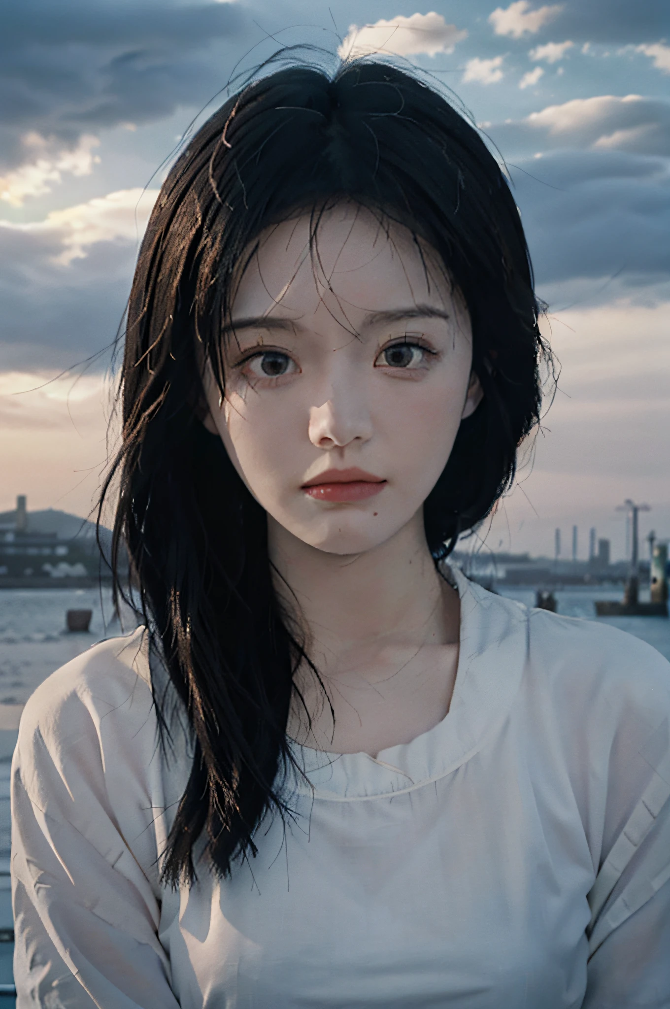 一个长黑头发的女人站在水边 - SeaArt AI