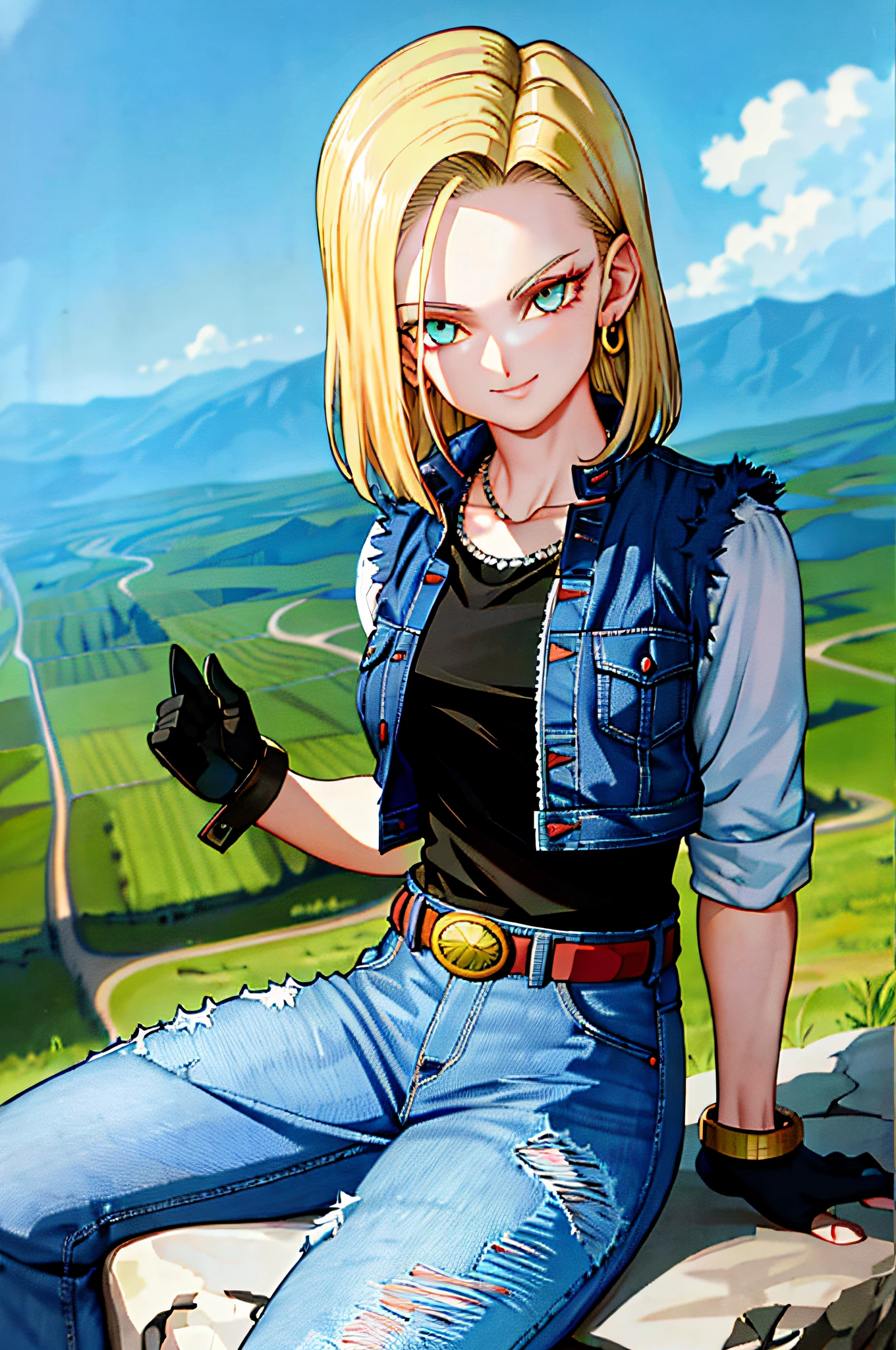 masterpiece, best quality, ultra-detailed, absurdres, Portrait of beautiful Android18DB, solo, earrings, jewelry, denim, smile, belt, vest, cloud, sky, day, pants, outdoors, gloves, necklace, jeans, rock, sitting, sitting_on_rock, volumetric lighting, best quality, masterpiece, intricate details, tonemapping, sharp focus, hyper detailed, trending on Artstation,