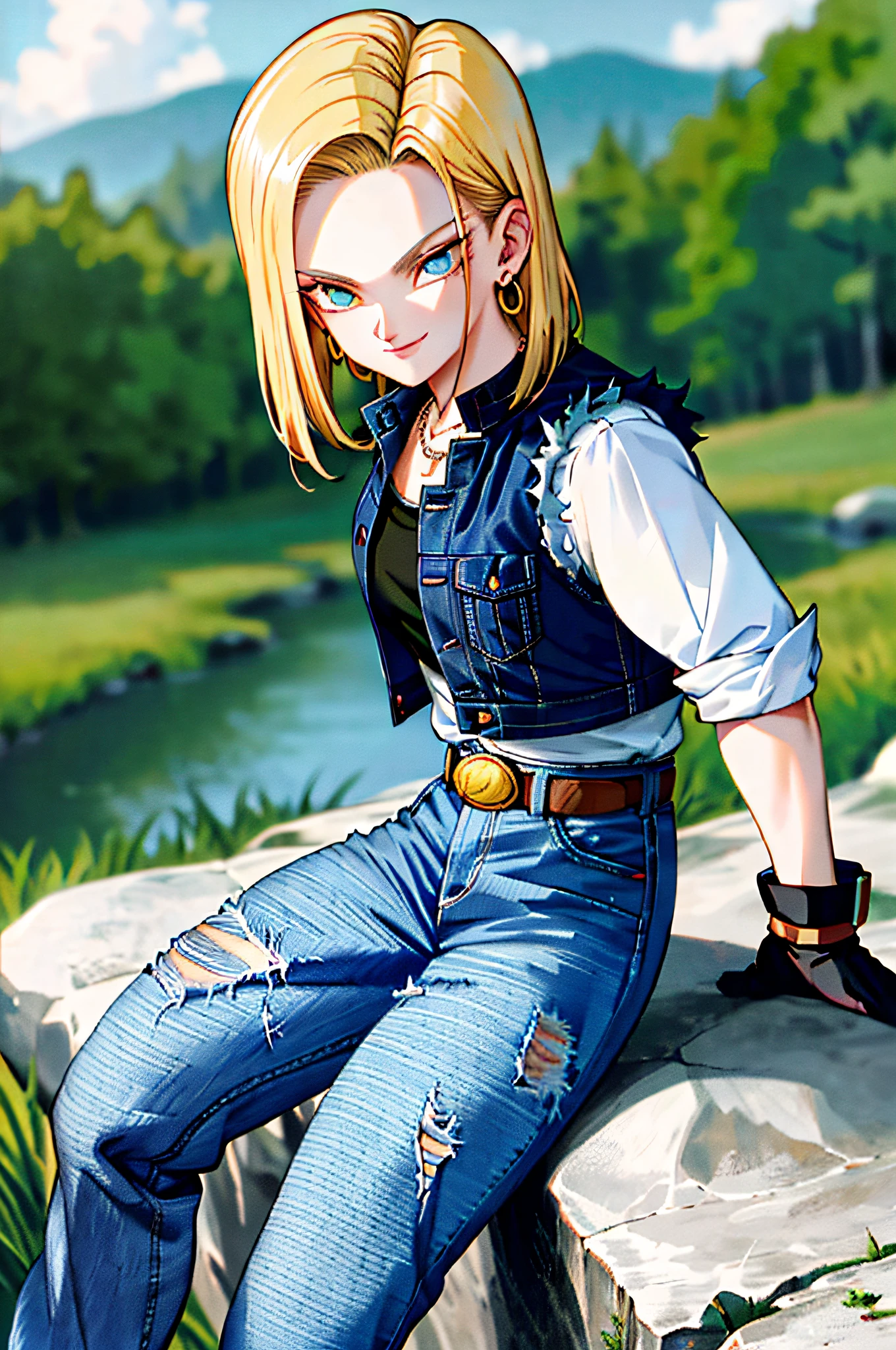 masterpiece, best quality, ultra-detailed, absurdres, Portrait of beautiful Android18DB, solo, earrings, jewelry, denim, smile, belt, vest, cloud, sky, day, pants, outdoors, gloves, necklace, jeans, rock, sitting, sitting_on_rock, volumetric lighting, best quality, masterpiece, intricate details, tonemapping, sharp focus, hyper detailed, trending on Artstation,