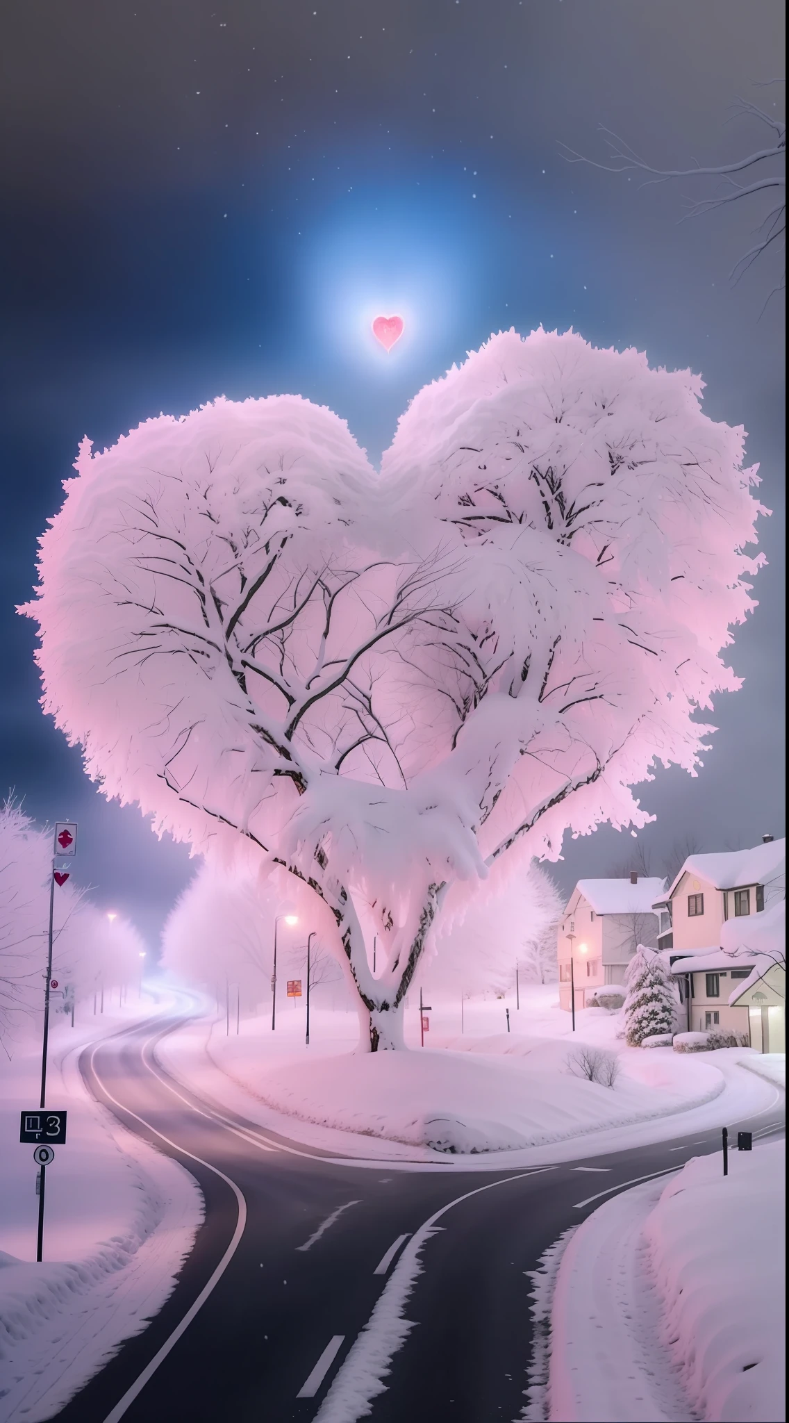 there is a heart shaped tree in the middle of a snowy road, beautiful image ever created, very beautiful photo, beautiful, beautiful dreamy breathtaking, extremely beautiful and ethereal, ❤🔥🍄🌪, beautiful art, cold but beautiful, love is begin of all, very magical and dreamy, beautiful and aesthetic, beautiful depiction, unbelievably beautiful, beautiful artwork, beautiful photo