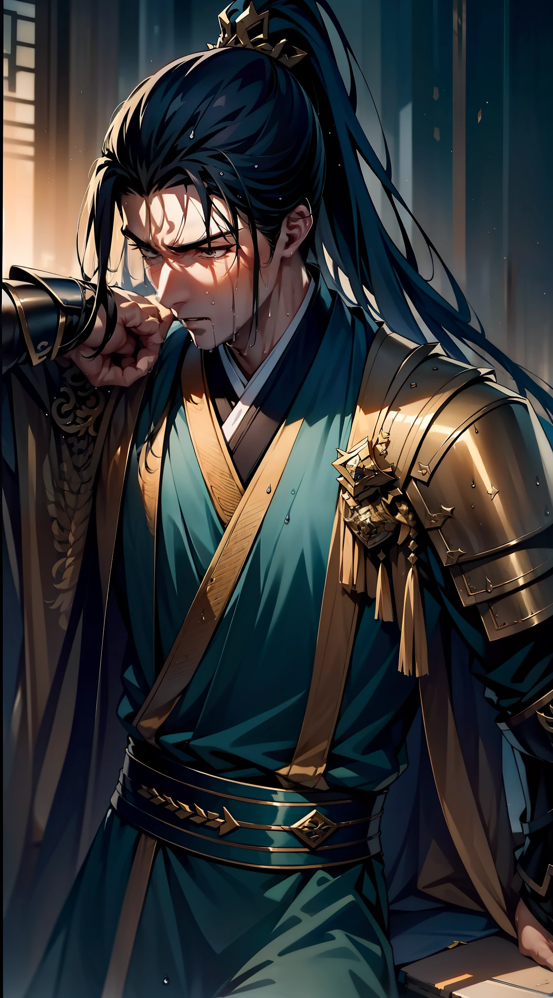 Two-dimensional, anime style, man (male warrior), muscle, correct proportions, face details, martial arts, high ponytail hairstyle, sweating, sweaty face, drooling, neck details, with Adam's apple, wet, wet, Hanfu costume, long robe, embroidered robe, dragon robe, clothing details, collar, long sleeves, game quality, swordsman demeanor, light and shadow tracing, ray tracing, detail glow, CG rendering, hair details, long black hair, golden eyes, sweaty face, handsome, handsome, sweat beads slipping down the neck, (juvenile feeling), complex clothing, wet, wet, perfect composition, refinement, high quality, more details, a lot of details, complex background, atmosphere,