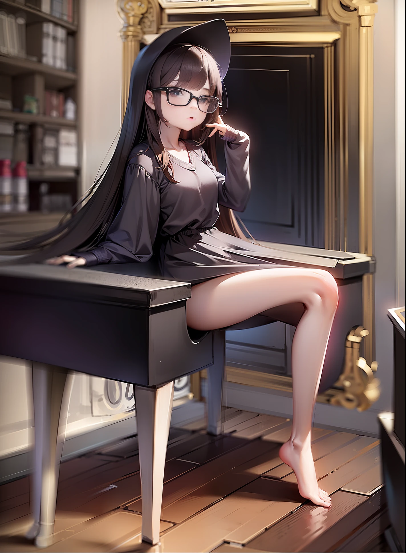 (8K, Masterpiece, Best Quality, Ultra-detailed), (Surrealism, Deep Eyes, Brunette Girl, , wearing glasses), Piano, Hall scene.