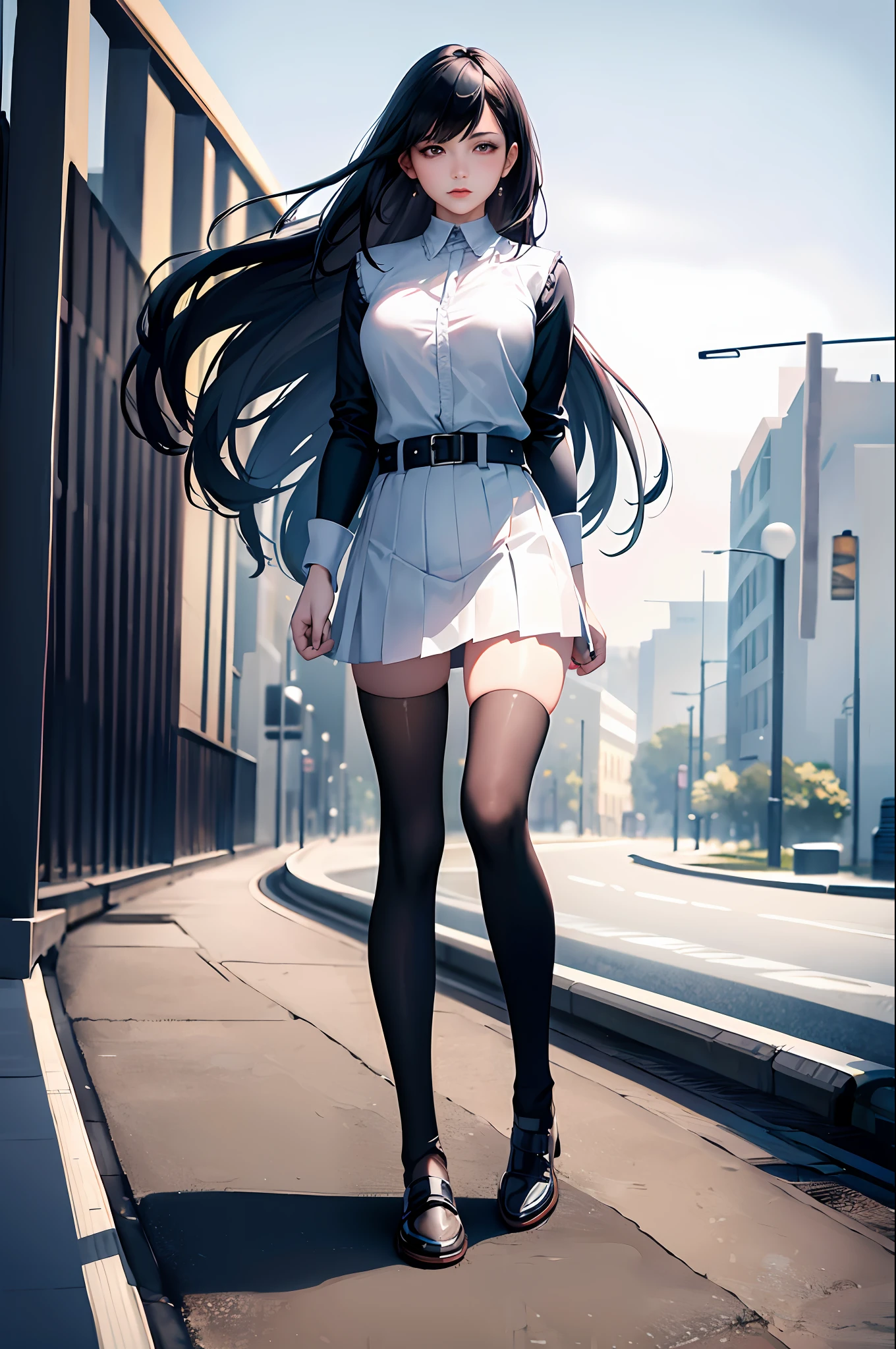 ((masterpiece, best_quality)), 1girl, (photorealistic:1.4),  solo, white_background, black_hair, long_hair,   zettai_ryouiki, skirt, ((full_body)),