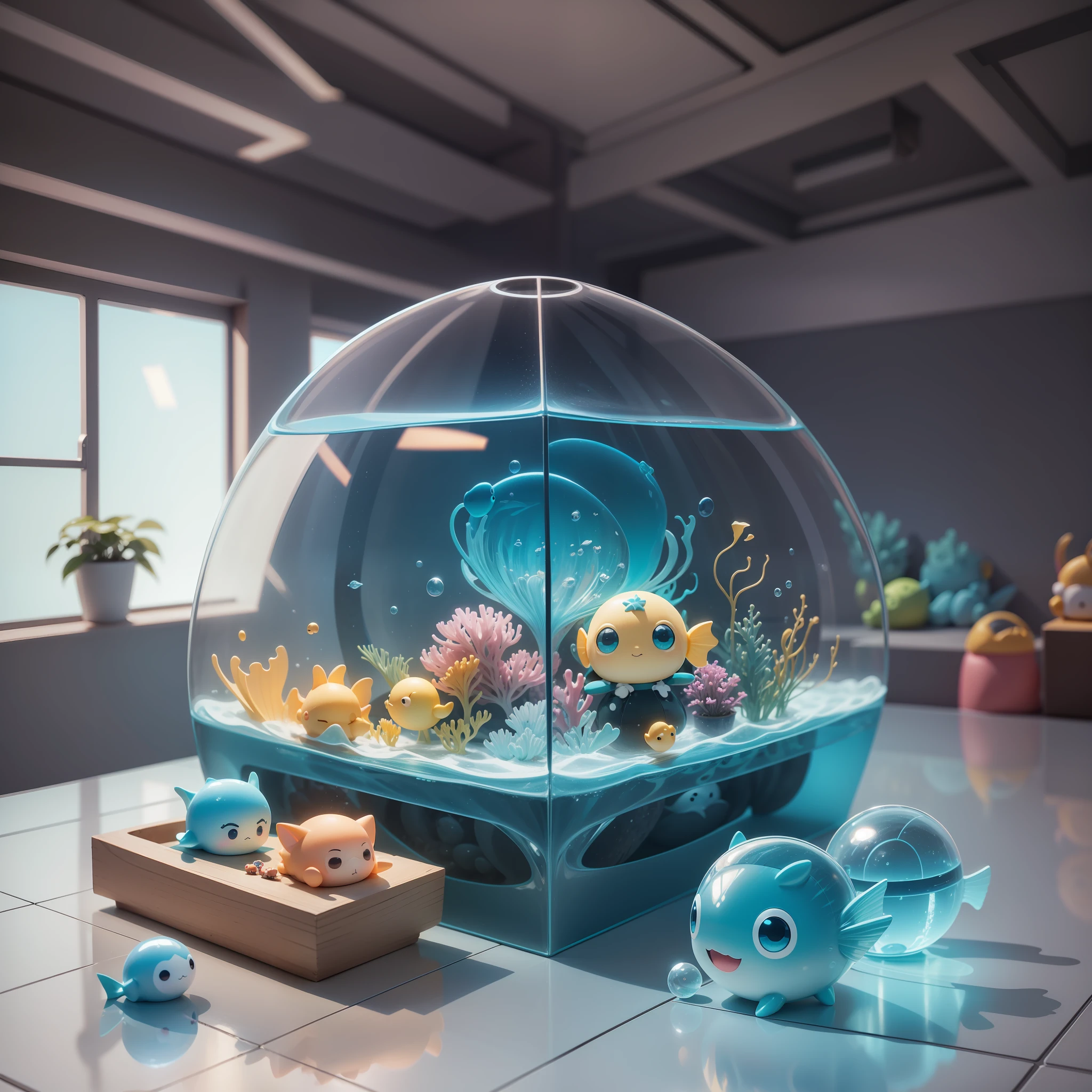 Sea life in huge fiberglass, full body 3d drawing, 1 cute, happy, c4d, pop matt blind box, glowing bubbles, toys, solid color background, chibi, fluorescent translucency, luminescence, kawaii, reference table, pop mart blind box, pixar, complex details, 3d rendering, blender, oc renderer, fol body reference sheet, dribble, high details, 8k, studio lighting, loli, petite, child, chibi, standard definition characters: 1.1, magic space warehouse background