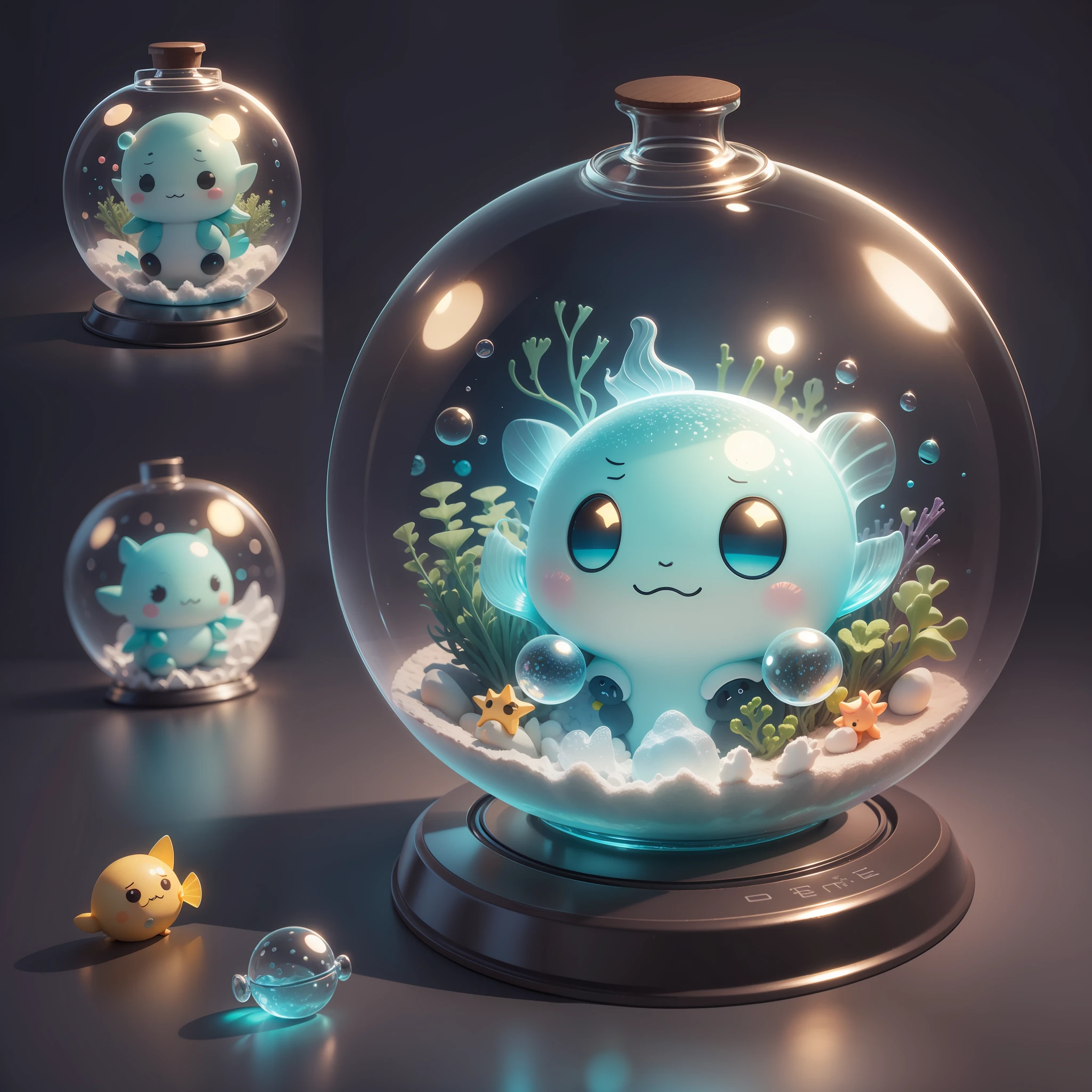 Sea Life in Glass Bottle, Full Body 3D Drawing, 1 Cute and Happy, C4D, Pop Matt Blind Box, Glow Bubbles, Toys, Solid Color Background, Chibi, Fluorescent Translucency, Glow Body, Kawaii, Reference Sheet, Pop Mart Blind Box, Pixar, Intricate Details, 3D Rendering, Blender, OC Renderer, Fol Body Reference Sheet, Dribble, High Details, 8K, Studio lighting, li, pee, childbi, standard definition characters: 1.1, magic space warehouse background