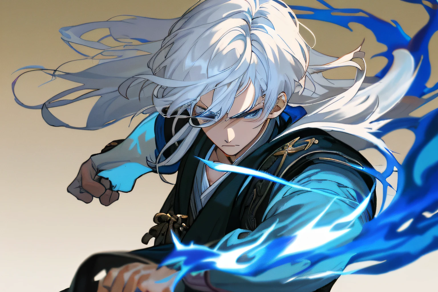 martial arts, ancient style, HD, fighting, fighting, (close-up of 1 boy), contrast style, (very detailed CG unified 8k wallpaper), full body,
1 boy, long hair, white hair, blue eyes, blue flame, hair accessories, single focus, looking at the audience, white hair, flame, upper body, panorama,