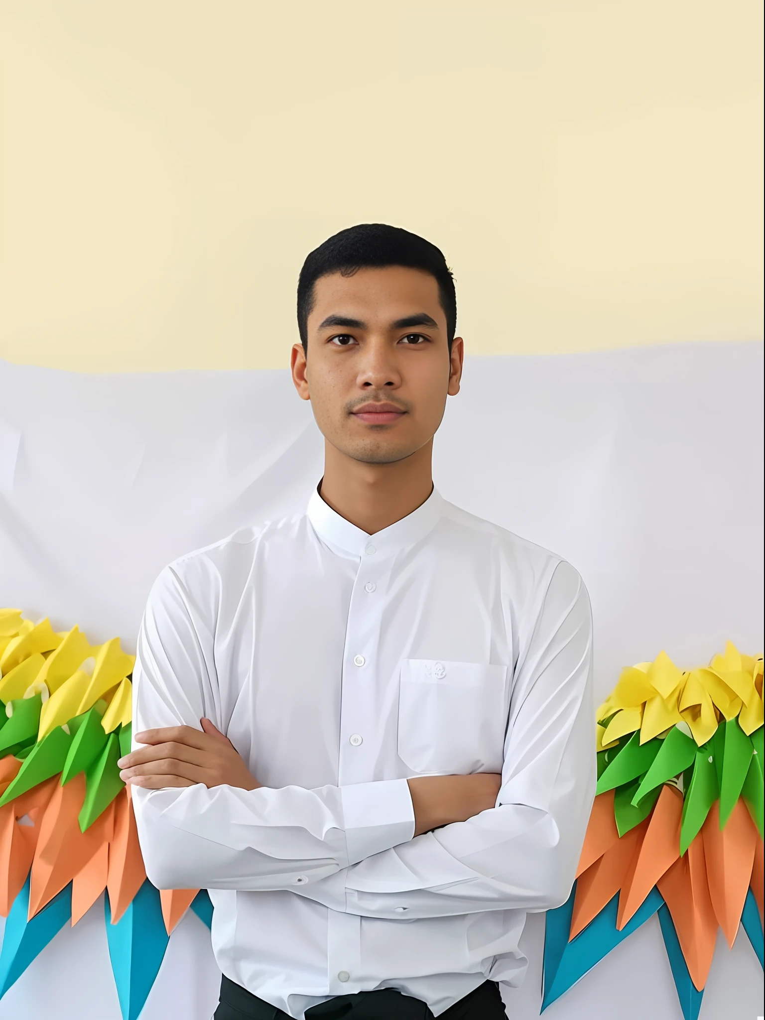 there is a man standing in front of a wall with paper flowers, nivanh chanthara, mohamed chahin, thawan duchanee, professional picture, very clear picture, graduation photo, in front of white back drop, profile picture 1024px, riyahd cassiem, raden saleh, professional profile picture, bao pham