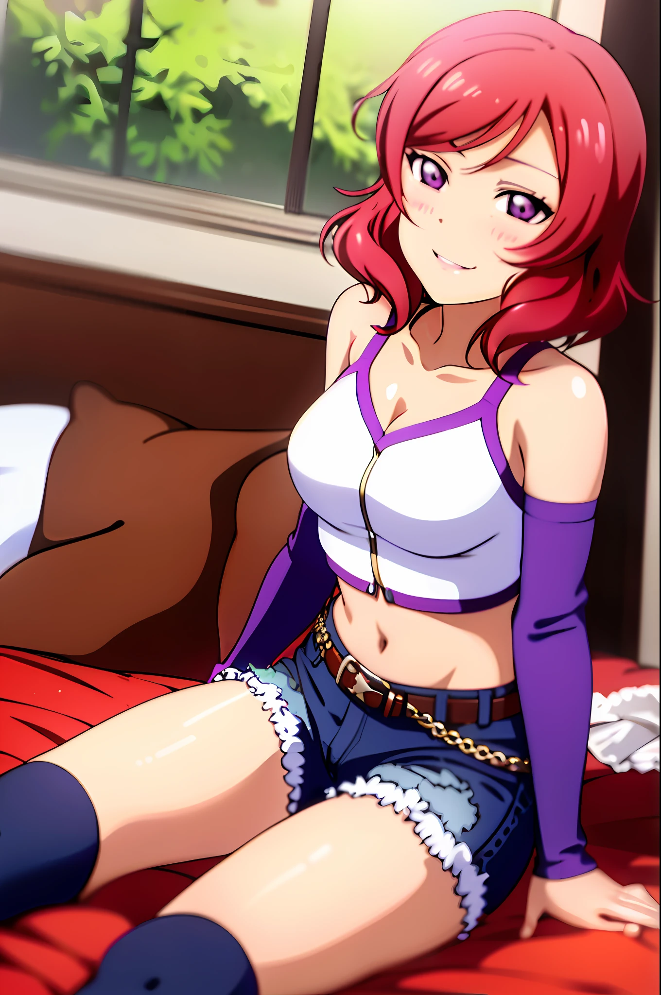 nishikino_maki,  masterpiece, best quality, highres, 1girl, solo, anastasia (idolmaster), idolmaster cinderella girls, purple eyes, short hair,  red hair, crop top, short jeans, cowboy shot, smile, upper_body, sexy pose, bed, bedroom, pillow, window, sitting, sitting on bed,