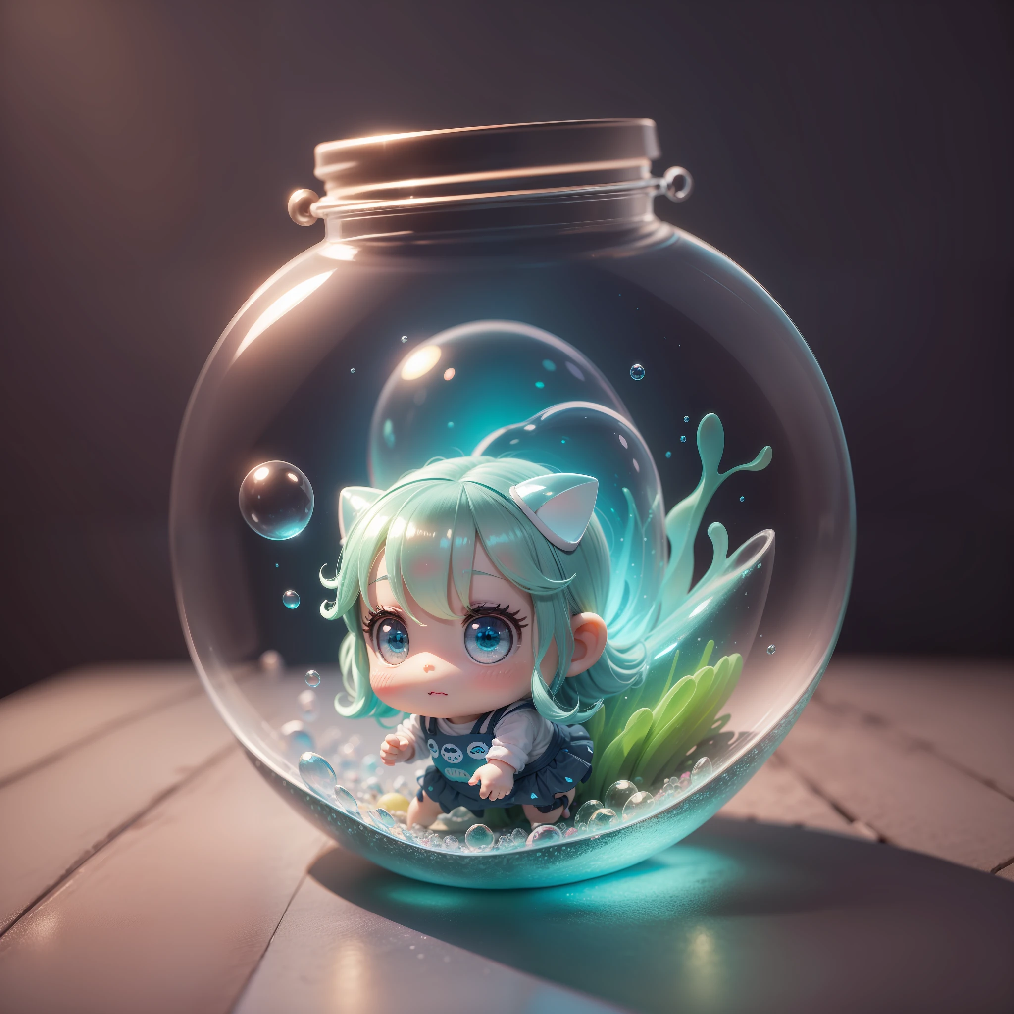 Super cute sea creature in glass bottle, full body 3d drawing, 1 cute, happy, c4d, pop matt blind box, glowing bubbles, toys, solid color background, chibi, fluorescent translucency, luminous body, kawaii, little monster, reference table, pop mart blind box, pixar, complex details, 3d rendering, blender, oc renderer, fol body reference sheet, dribble, high details, 8k, Studio lighting, li, pee, childbi, standard definition characters: 1.1, magic space warehouse background