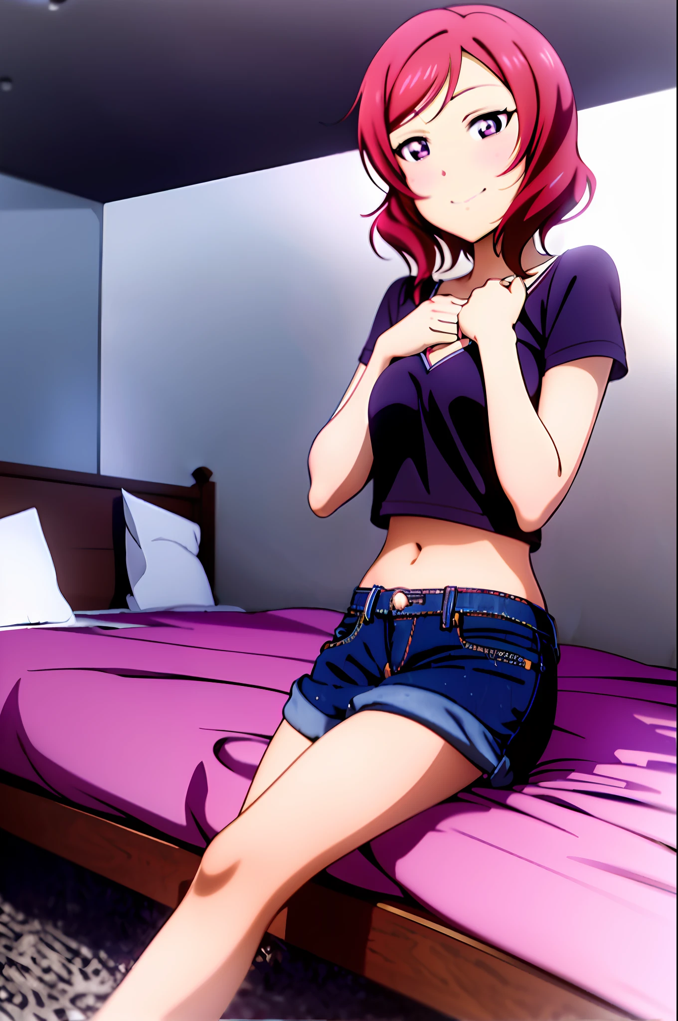 nishikino_maki,  masterpiece, best quality, highres, 1girl, solo, anastasia (idolmaster), idolmaster cinderella girls, purple eyes, short hair,  red hair, crop top, short jeans, cowboy shot, smile, upper_body, sexy pose, bed, bedroom, pillow, window, sitting, sitting on bed,