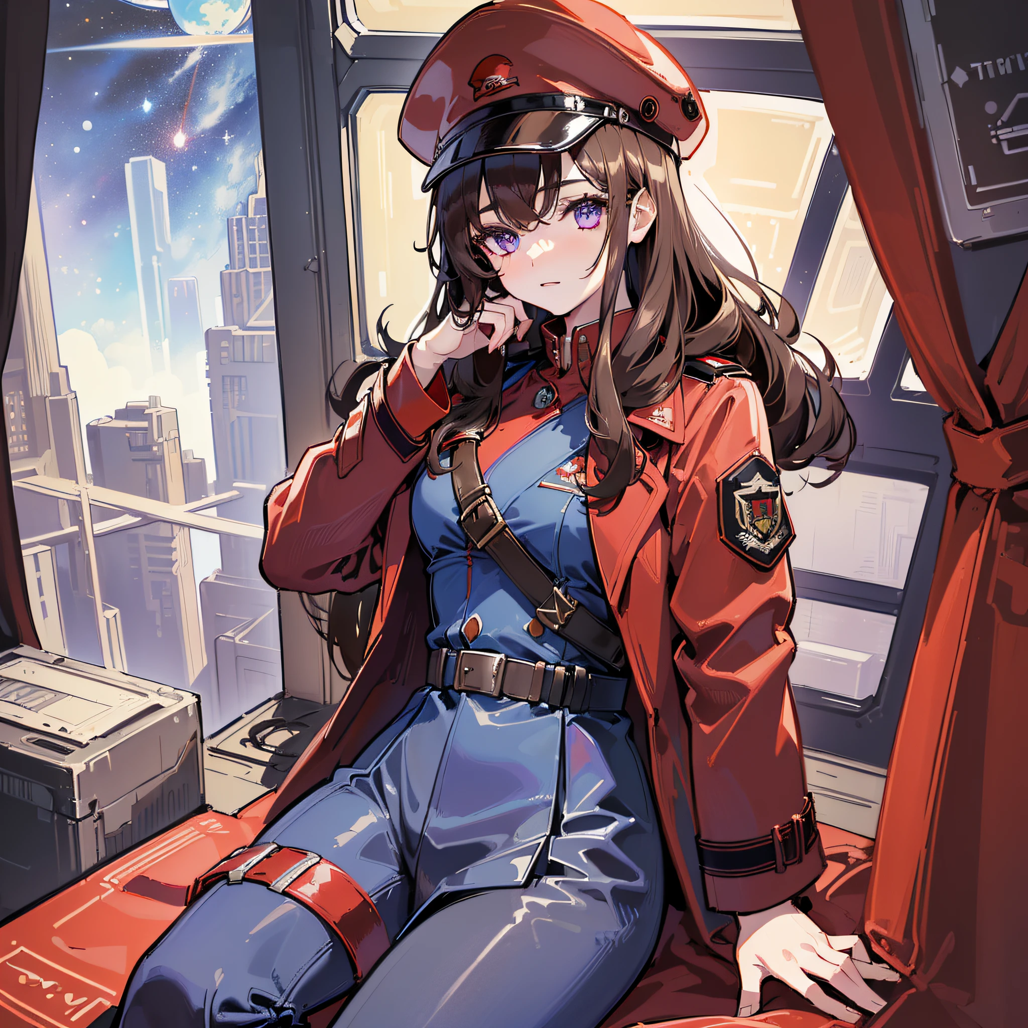 (Masterpiece)), ((highest image quality)), ((highest image quality)), (((illustration of one girl)), full body, ((brown hair semi-long)), ((brown hair semi-long)), ((left side of face, long strands of hair)), purple eyes, (tall)), big, (((army uniform)), ((army hat)), ((army coat)), (dark dark blue clothes), (dark dark blue pants), (red military cap)), (( ( red military cap)), ( ( Red Hat)), ((Red Hat)), (Red Trench Coat), ((Inside the Spaceship)), (Outside the Window, Space, Earth as seen from space)