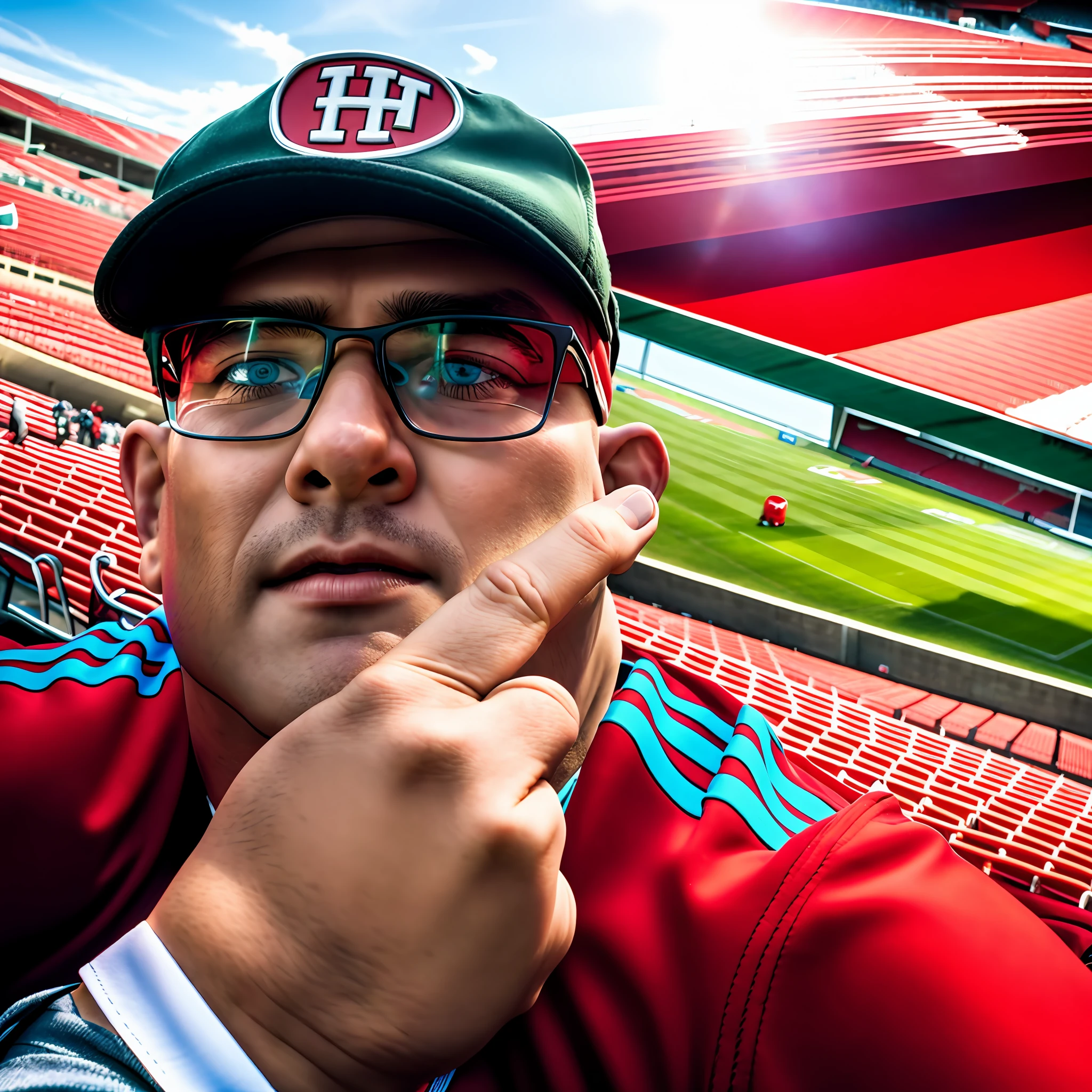 Football stadium, red shirt, black cap, glasses