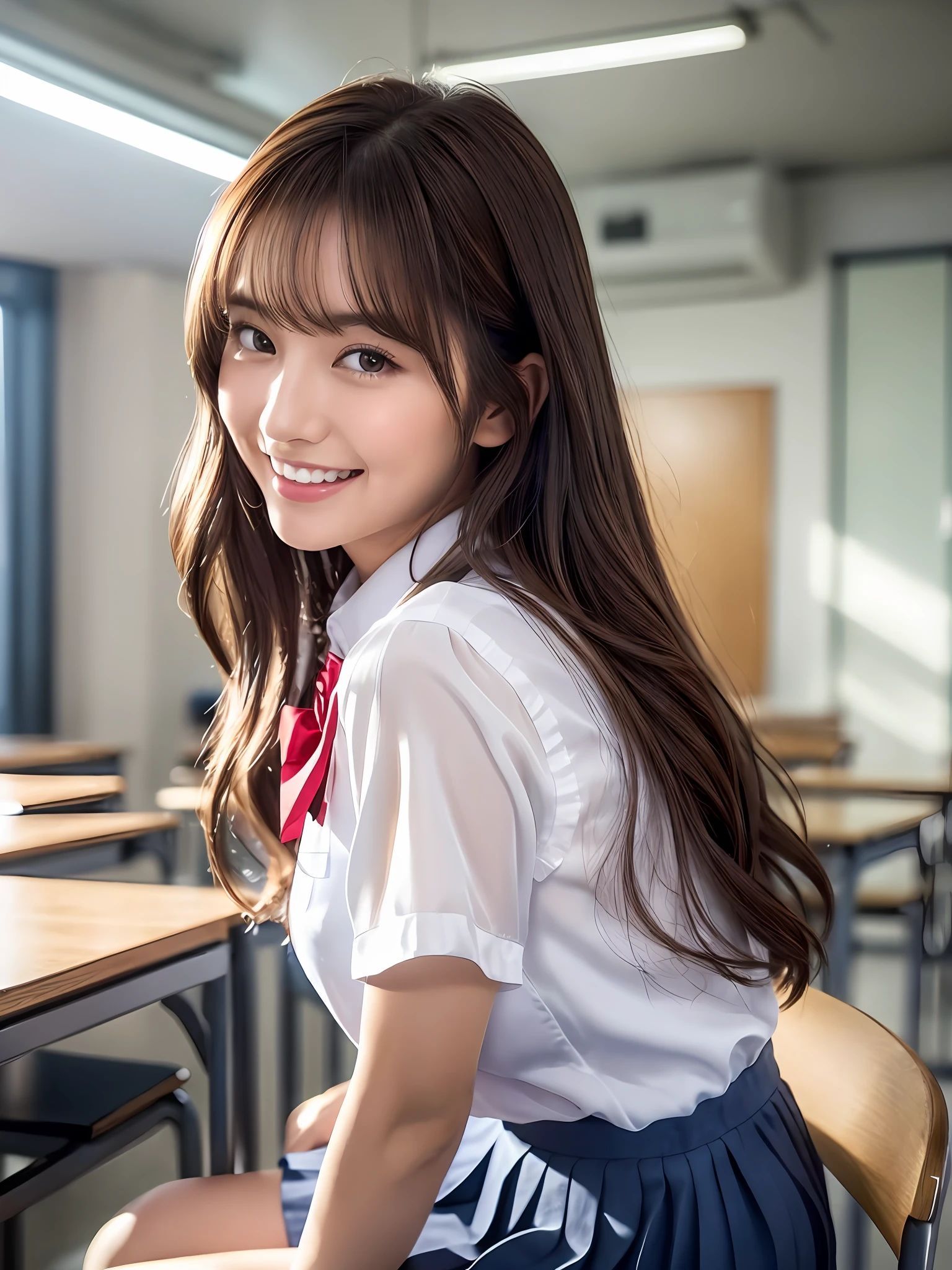 masterpiece, close up shot of a face, directly front view, a Japanese young pretty woman, sitting a chair alone with big smile in a classroom, glamorous figure, wearing a short sleeves silky white collared shirt with shiny satin red plain bow tie, hyper pretty face, glossy lips, double eyelids in both eyes, natural makeup, long eyelashes, shiny smooth light brown hair of medium length, asymmetrical bangs, tanned skin, wearing a dark blue pleated skirt, sleeveless light gray pullover, head in the frame, central image, 8K resolution, high detail, detailed hairstyle, Detailed Face, spectacular cinematic lighting, octane rendering, vibrant, hyper realistic, perfect limbs, perfect anatomy