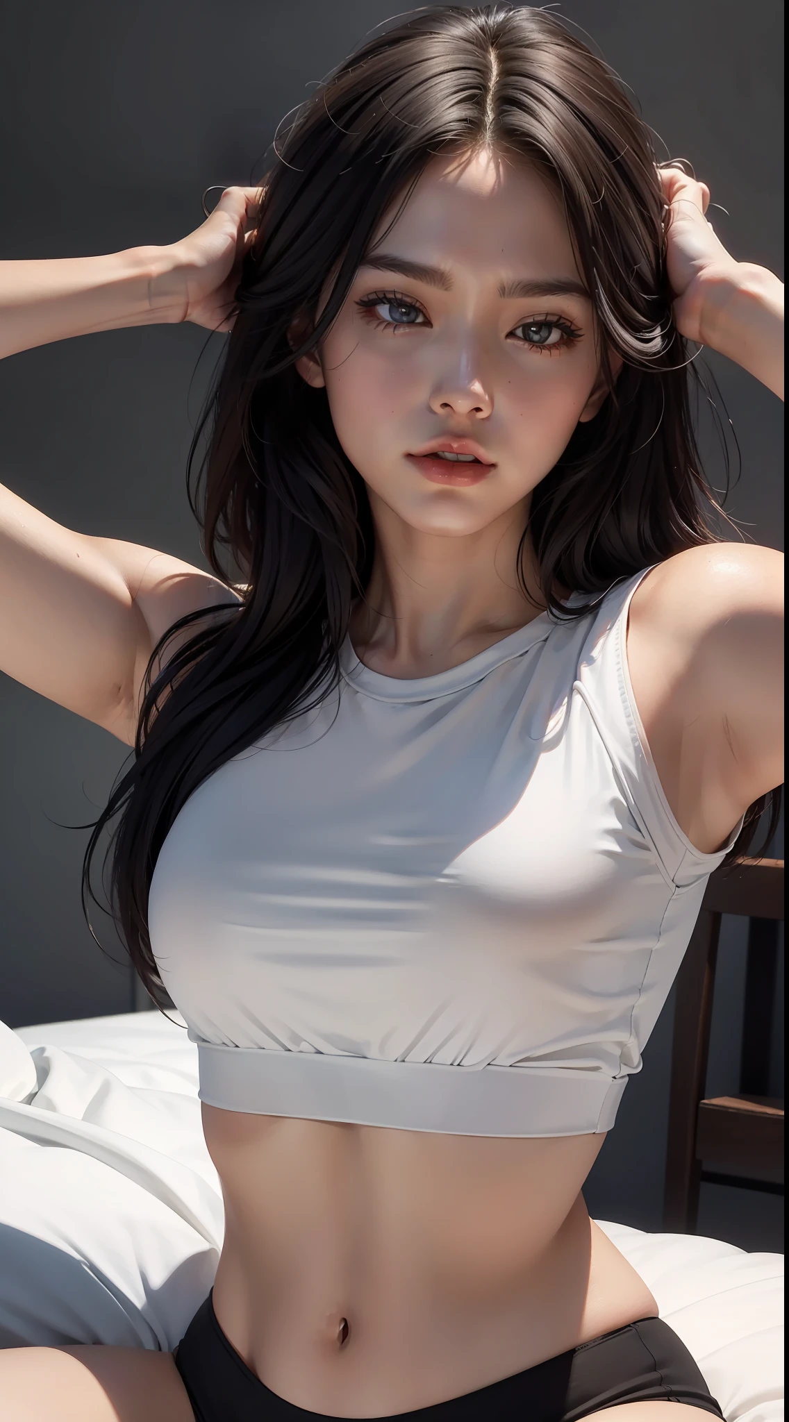 upper body, masterpiece, top quality, raw photo, photorealistic, big, face light, shiny skin, high resolution, ultra detail, detail, detailed eyes and face, sharp pupils, realistic pupils, sharp focus, shiny skin, yawning in bed, black hair, sporty clothes, medium hair, eyes closed