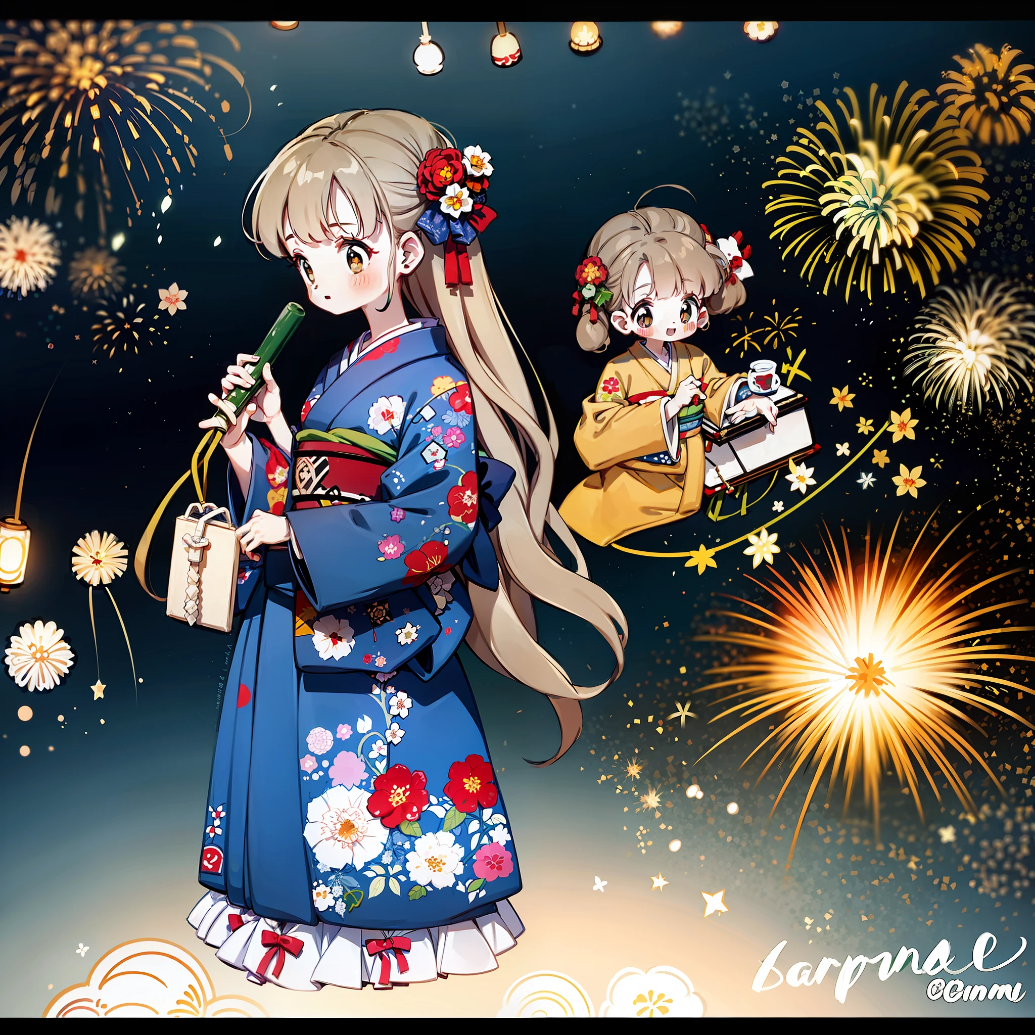 Kimono, cute, bamboo forest, maiden, starry sky, summer festival, fireworks, celebration