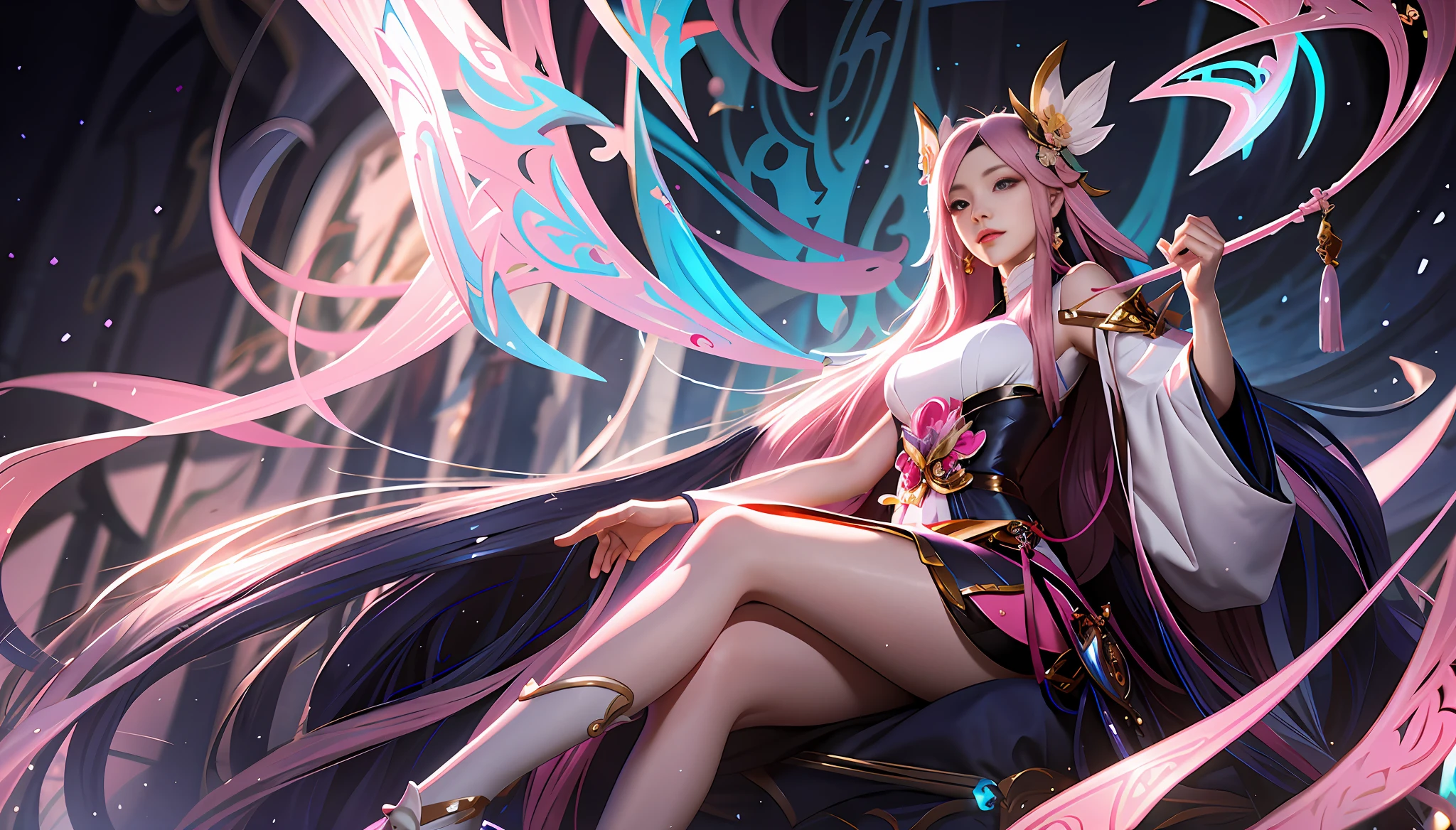 Highest quality, outstanding details, super high resolution, best illustrations, favor details, style image of a woman holding an umbrella, pink style, pink long hair, pink clothing, Irelia, Onmyoji detailed art, extremely detailed art germ, concept art | art germ, style art germ, art germ liu, ! Dream Art Germ, Onmyoji, Irelia in League of Legends, Art Germ on ArtStation Pixiv, HD Quality, (Full Body Photo) (Seated: 1.5)