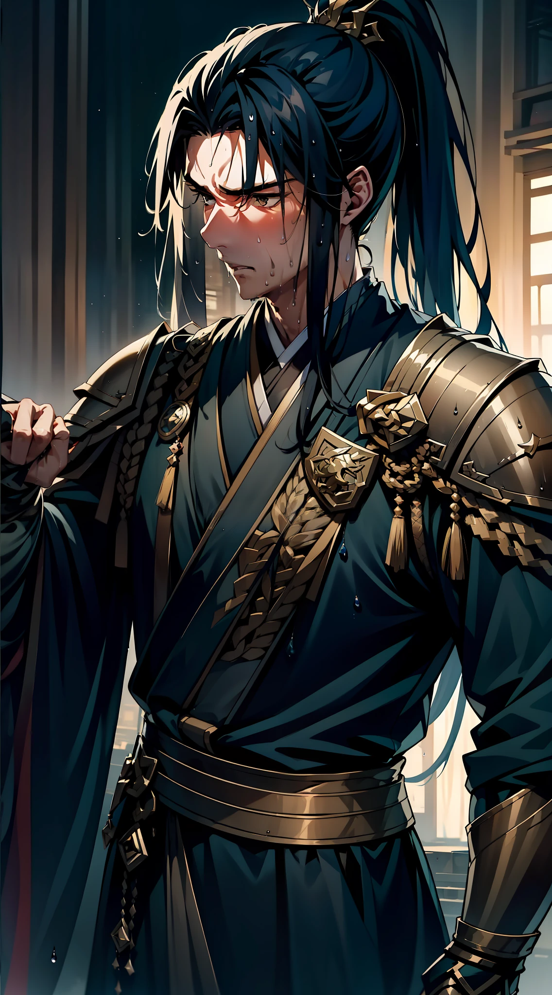 Two-dimensional, anime style, man (male warrior), muscle, correct proportions, face details, martial arts, high ponytail hairstyle, sweating, sweaty face, drooling, neck details, with Adam's apple, wet, wet, Hanfu costume, long robe, embroidered robe, dragon robe, clothing details, collar, long sleeves, game quality, swordsman demeanor, light and shadow tracing, ray tracing, detail glow, CG rendering, hair details, long black hair, golden eyes, sweaty face, handsome, handsome, sweat beads slipping down the neck, (juvenile feeling), complex clothing, wet, wet, perfect composition, refinement, high quality, more details, a lot of details, complex background, atmosphere,