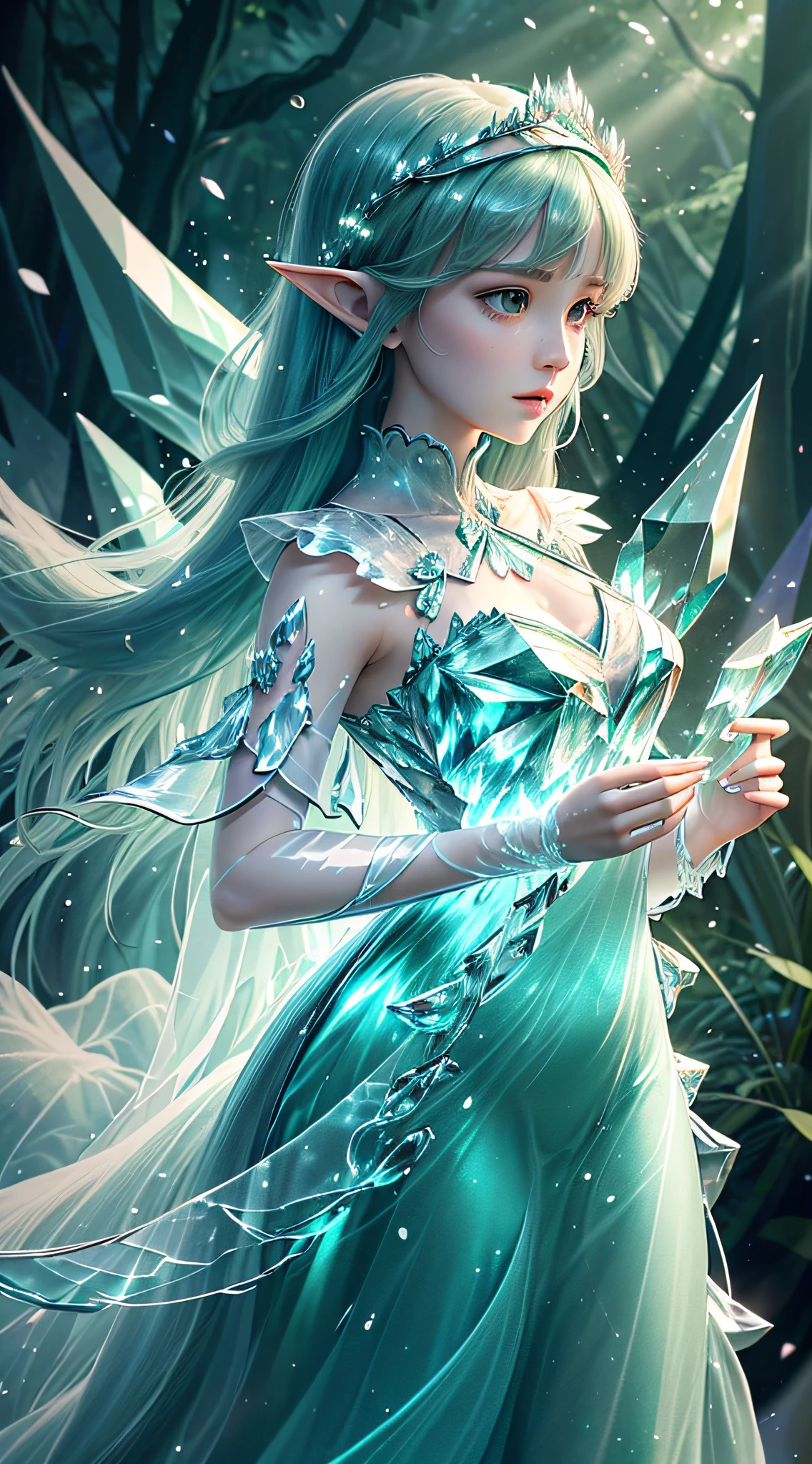 (Masterpiece, Top Quality, Best, Official Art, Beautiful and Aesthetic, Long Exposure: 1.2), Smooth Movement, Charming Patterns, 1 Girl, (Long Dress with Sleeves: 1.3), (((Green Clothes) )), upper body close-up, bare shoulders, Chinese girl, blush, black lob hair, portrait, solo, upper body, looking at the observer, detailed background, detailed face, (crystallineAI, crystalline theme:1.1), elemental wood elf, rotation foliage, control foliage, emerald clothing, dynamic pose, floating particles, ethereal dynamics, foliage, vapor, forest in the background, green tint, forest, ethereal atmosphere,