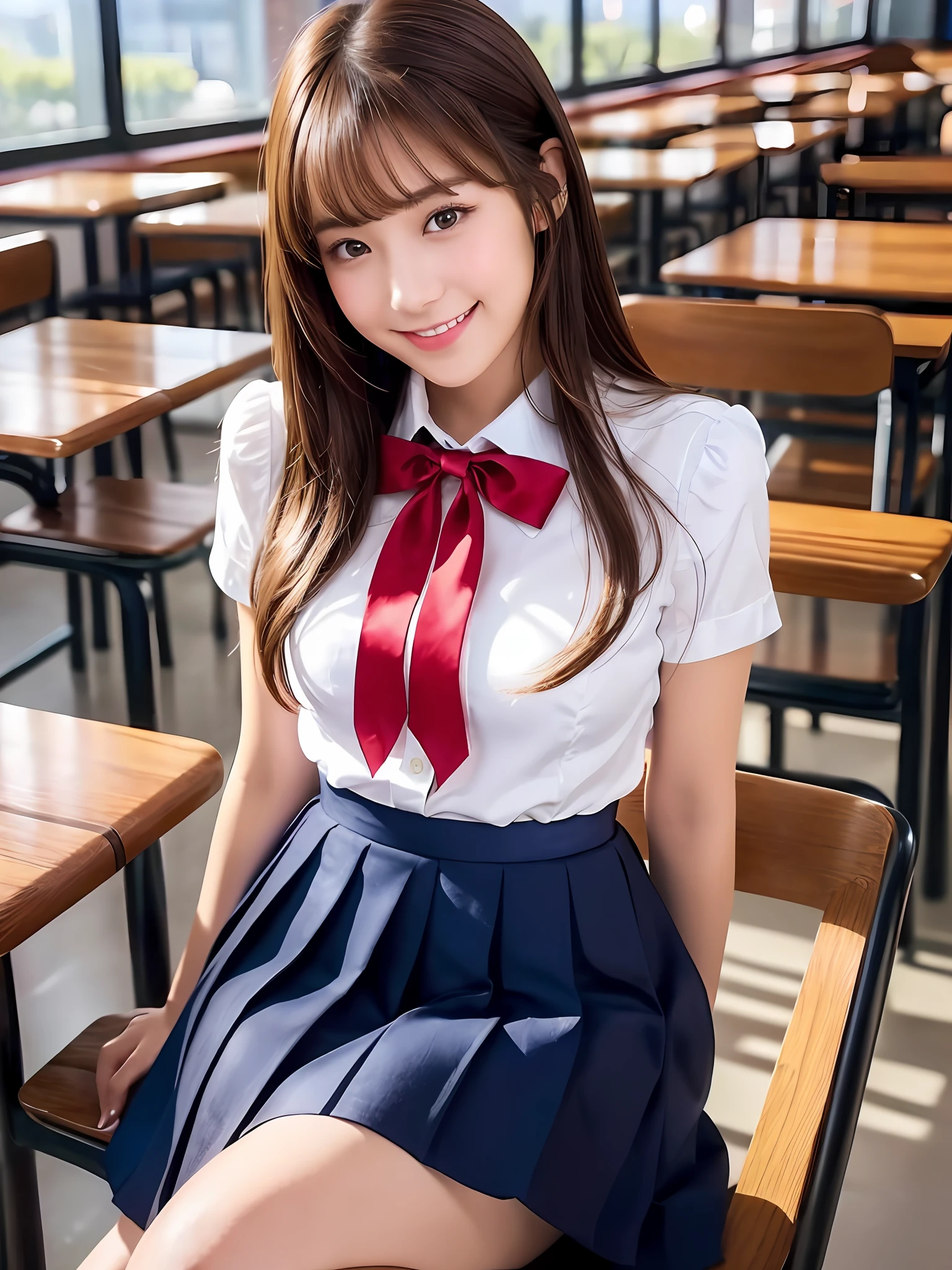 masterpiece, close up shot of a face, directly front view, a Japanese young pretty woman, sitting a chair alone with big smile in a school cafeteria, glamorous figure, wearing a short sleeves silky white collared shirt with shiny satin red plain bow tie, hyper pretty face, glossy lips, double eyelids in both eyes, natural makeup, long eyelashes, shiny smooth light brown hair of medium length, asymmetrical bangs, tanned skin, wearing a dark blue pleated skirt, head in the frame, central image, 8K resolution, high detail, detailed hairstyle, Detailed Face, spectacular cinematic lighting, octane rendering, vibrant, hyper realistic, perfect limbs, perfect anatomy