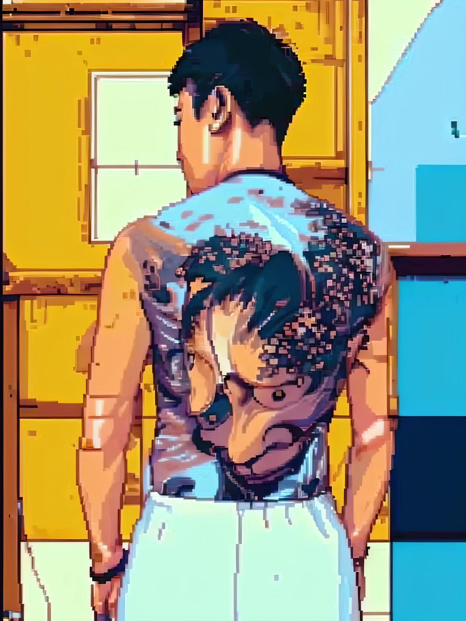 This cute anime little boy with tattoos on the back is cooking food in the kitchen
