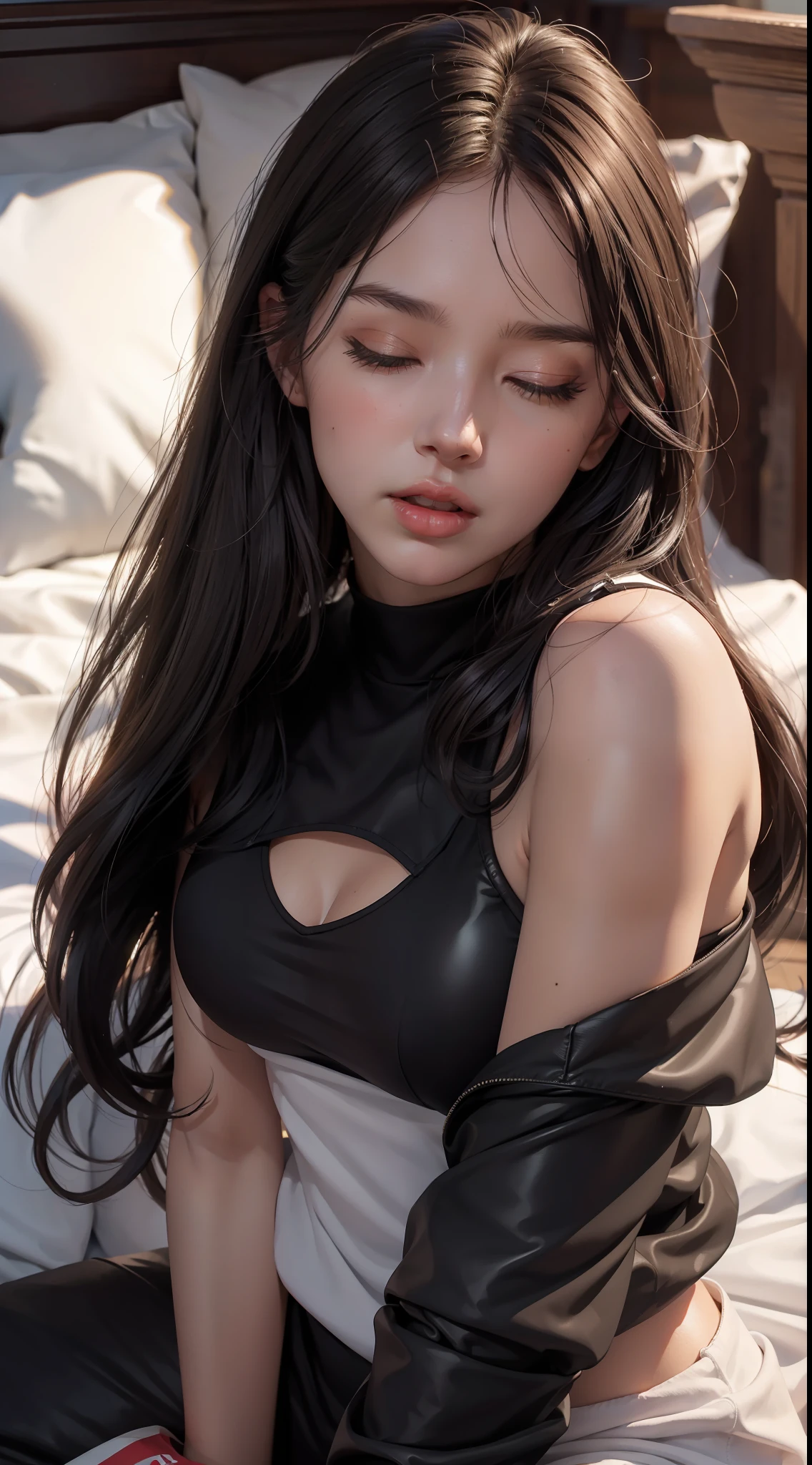 masterpiece, top quality, raw photo, photorealistic, big, face light, shiny skin, high resolution, super detail, detail, detailed eyes and face, sharp pupils, realistic pupils, sharp focus, shiny skin, yawning in bed, black hair, sporty clothes, long hair, eyes closed