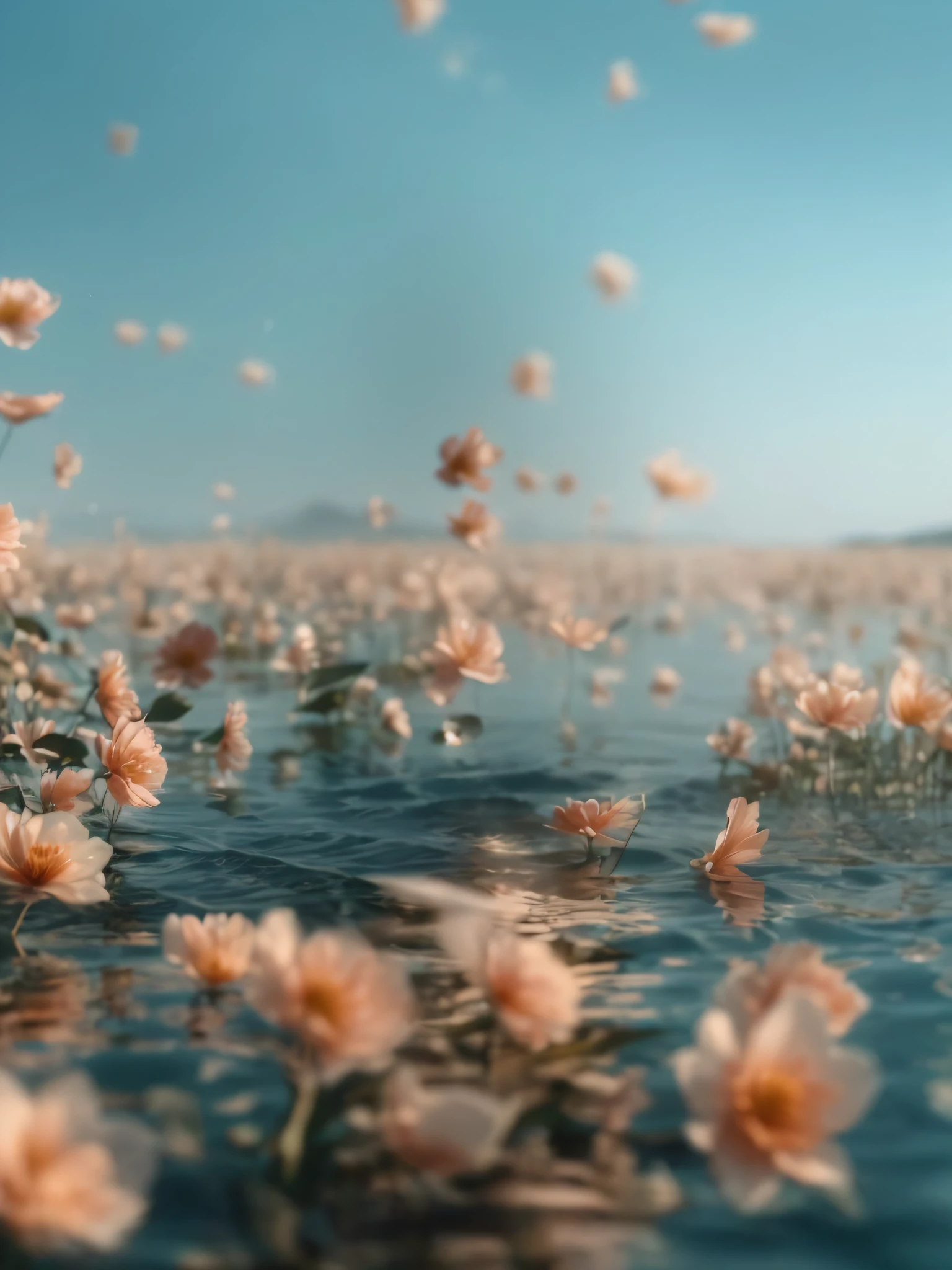 there are many flowers floating in the water on a sunny day, surreal waiizi flowers, flowers sea everywhere, incredibly ethereal, beautiful cinematography, flowers exploding and spraying, beautiful composition 3 - d 4 k, a still of an ethereal, floathing underwater in a lake, an aesthetic field of flowers, flowers sea rainning everywhere, beautiful aesthetic, very ethereal