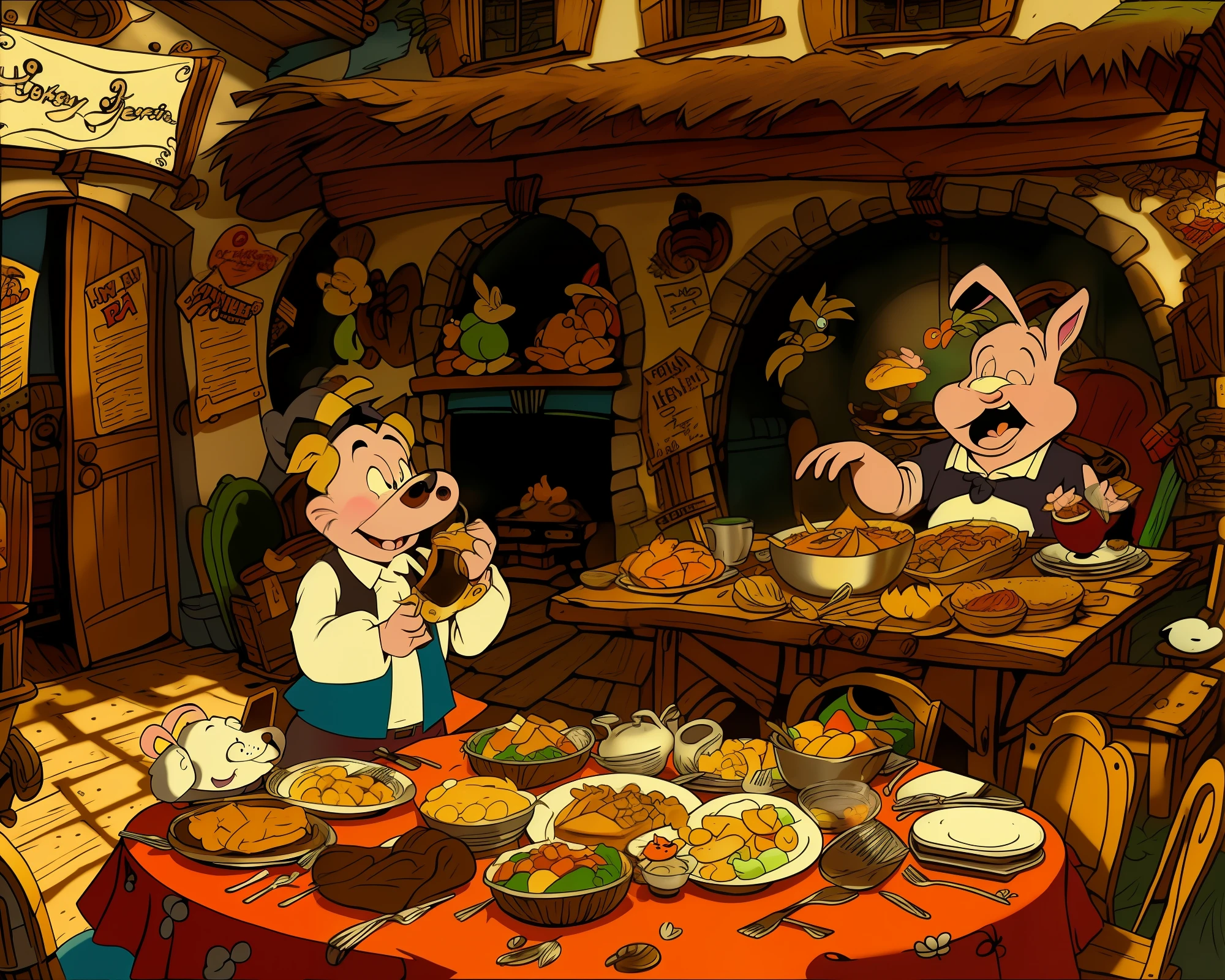 Looney Tunes alike picture of porky pig. Having a. ig table full of food, and hi is mash the food with both hands with full mouth, trying swallow a big mushroom. There is a text on top saying “Intermitent feasting”