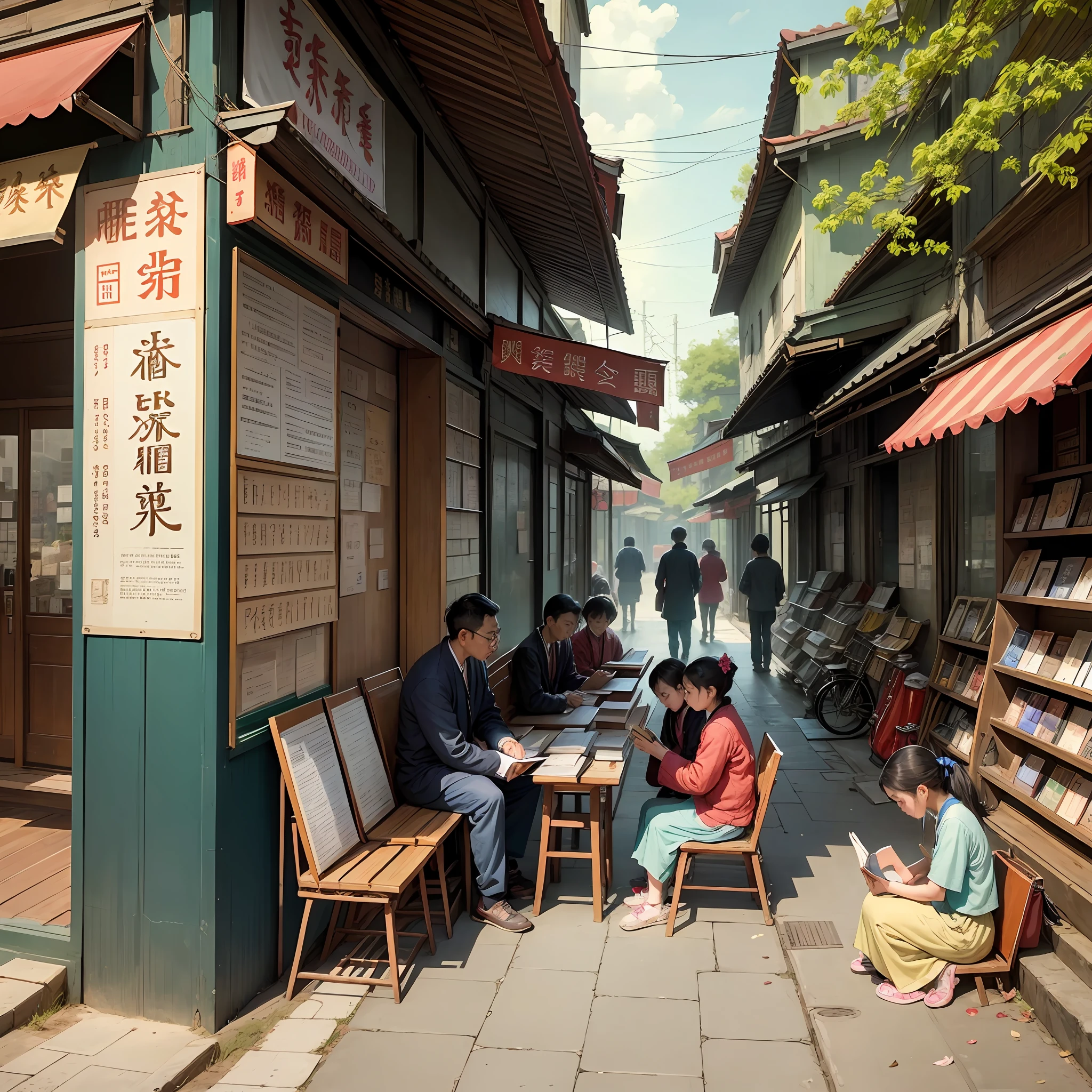 A picture depicts Chinese sitting on the sidewalk reading a book with makeshift bookstores and newsstands along the road, with 50 people, adults and children. The picture has a strong Chinese style, and the background elements show the atmosphere of the 1980s, and the details are rich. --auto --s2