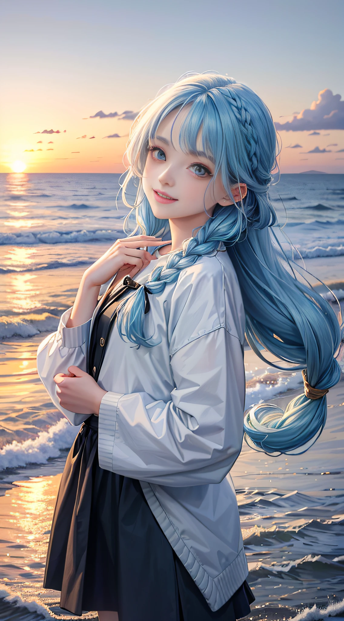 (Facial Focus), (1 Girl, Female, Woman, Solo, Pale Skin, Casual Fashion, Kawaii), (Long Hair, Single Braided Hair, Light Blue Hair, Cute Face, Light Smile), (By the Sea), Milky Way, Sunset