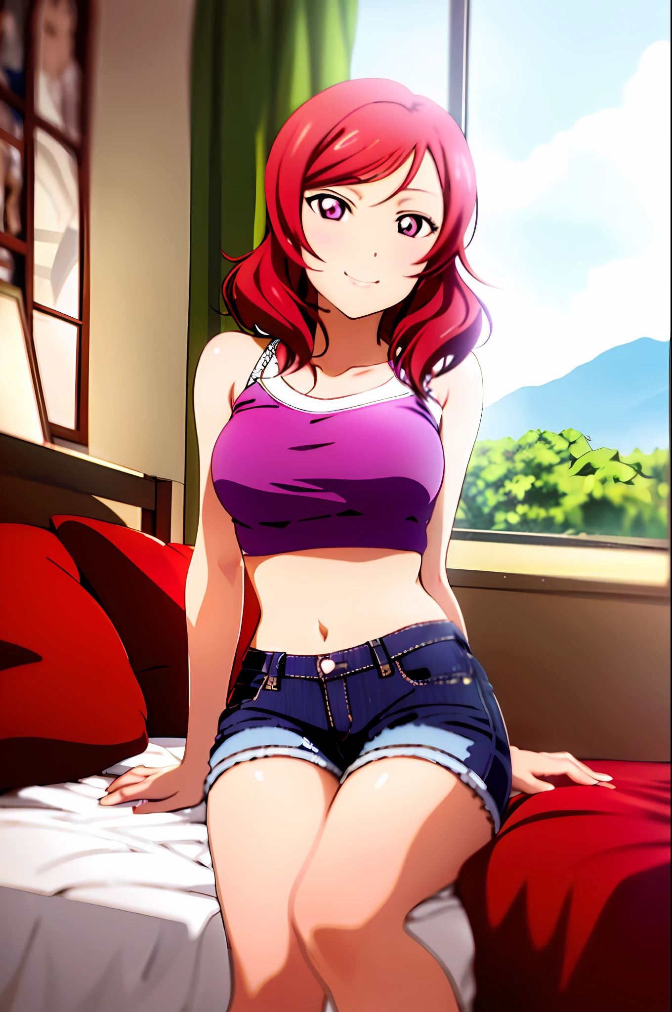 nishikino_maki,  masterpiece, best quality, highres, 1girl, solo, anastasia (idolmaster), idolmaster cinderella girls, purple eyes, short hair,  red hair, crop top, short jeans, cowboy shot, smile, upper_body, sexy pose, bed, bedroom, pillow, window, sitting, sitting on bed,