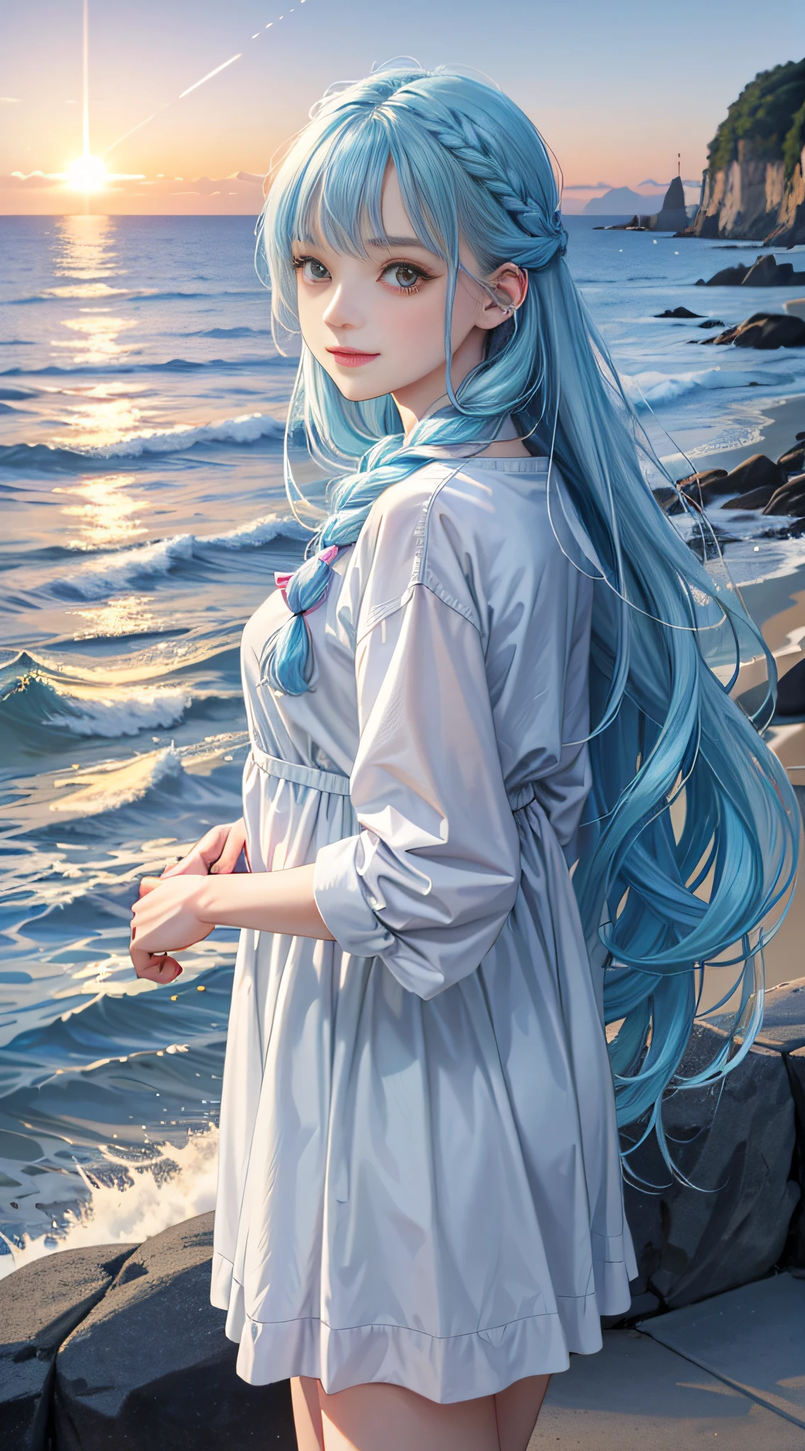 (Facial Focus), (1 Girl, Female, Woman, Solo, Pale Skin, Casual Fashion, Kawaii), (Long Hair, Single Braided Hair, Light Blue Hair, Cute Face, Light Smile), (By the Sea), Milky Way, Sunset