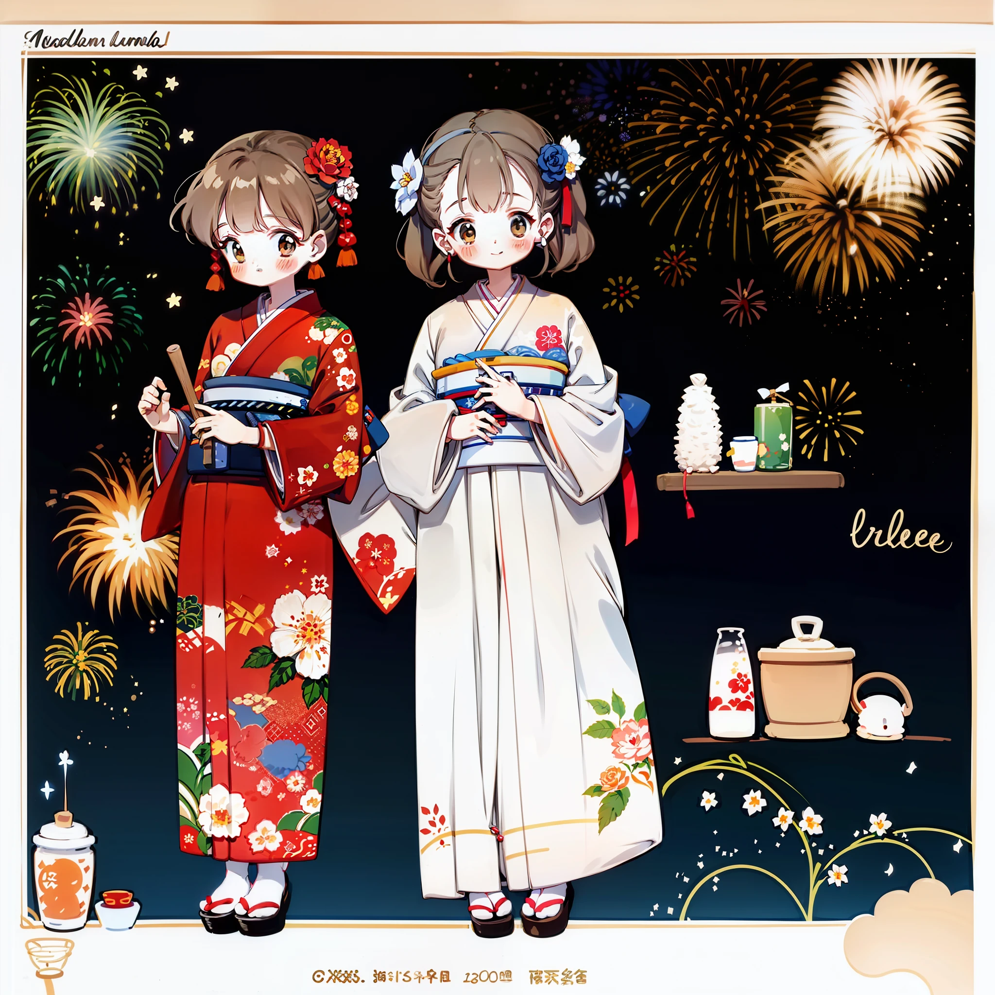 Kimono, cute, bamboo forest, maiden, starry sky, summer festival, fireworks, celebration
