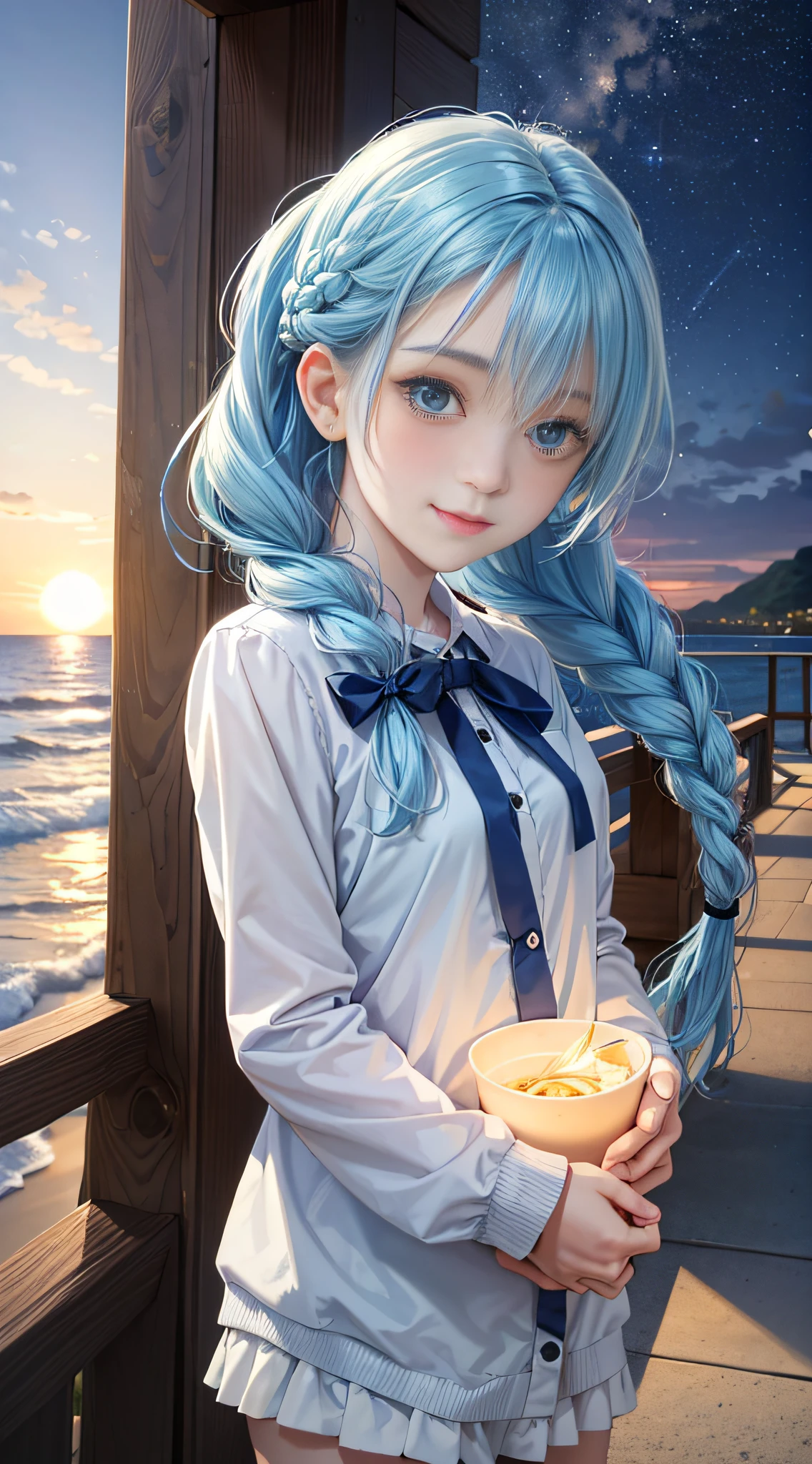 (Facial Focus), (1 Girl, Female, Woman, Solo, Pale Skin, Casual Fashion, Kawaii), (Long Hair, Single Braided Hair, Light Blue Hair, Cute Face, Light Smile), (By the Sea), Milky Way, Sunset