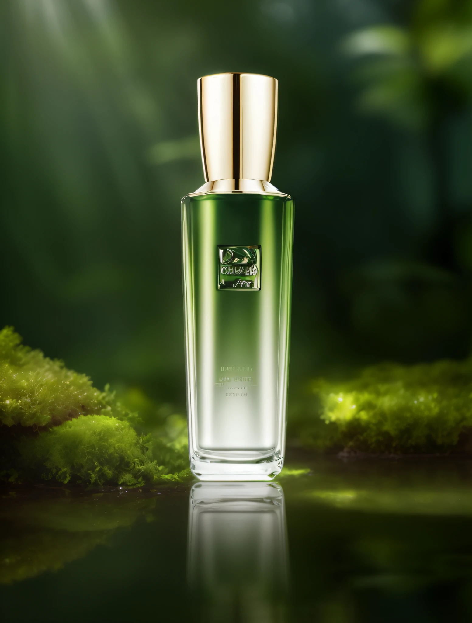 Close-up of a bottle of perfume on the table, sharpening, clear bottle, beautiful green liquid, moss, royal green and natural light, depth of field effect, infused Tyndall light, reflection in water, product lens, product photography, perfume, dior, original skin, summer forest, exquisite and smooth details