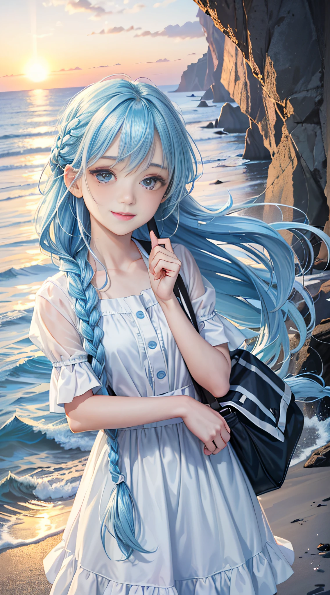 (Facial Focus), (1 Girl, Female, Woman, Solo, Pale Skin, Casual Fashion, Kawaii), (Long Hair, Single Braided Hair, Light Blue Hair, Cute Face, Light Smile), (By the Sea), Milky Way, Sunset