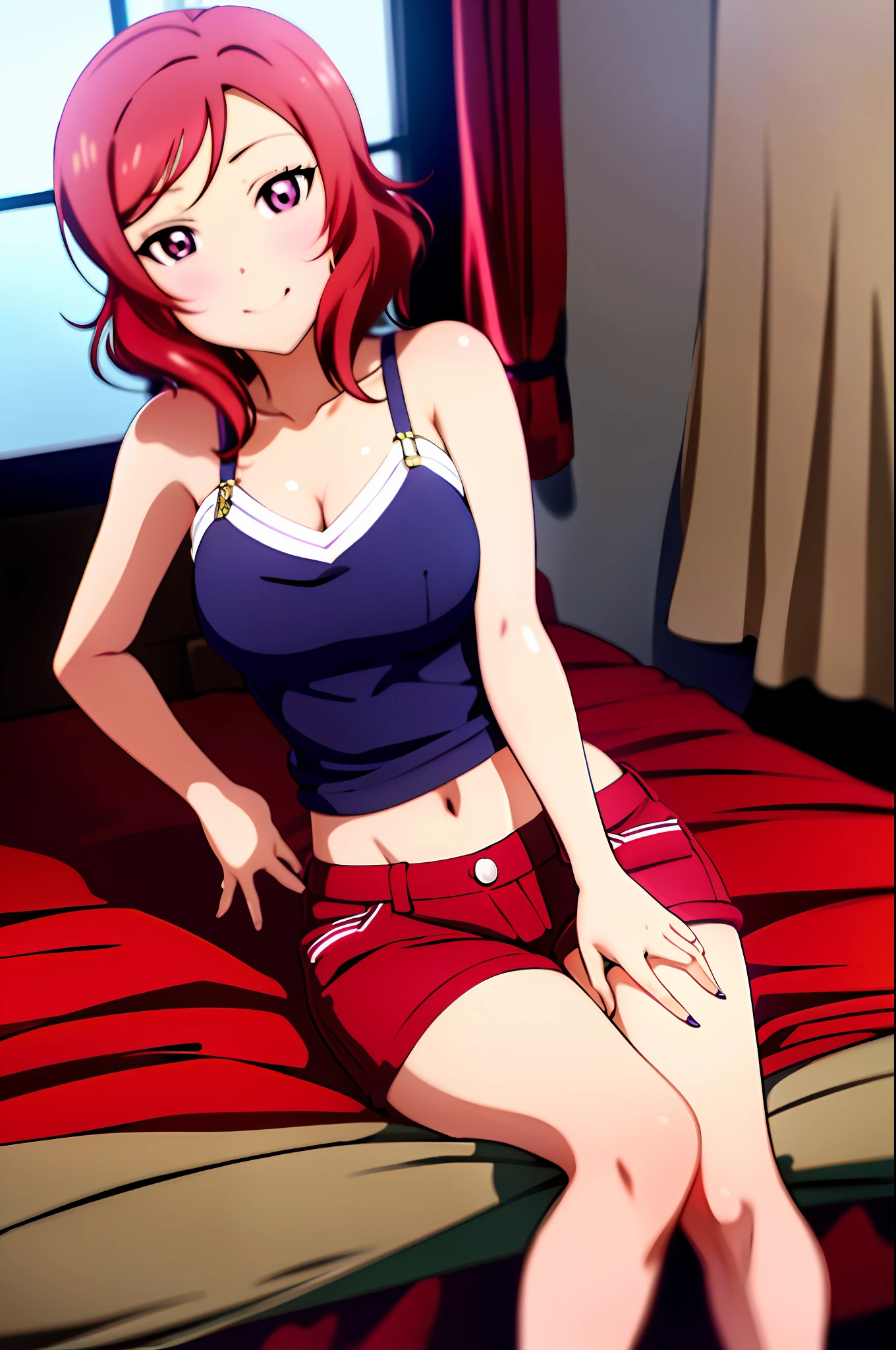 nishikino_maki,  masterpiece, best quality, highres, 1girl, solo, anastasia (idolmaster), idolmaster cinderella girls, purple eyes, short hair,  red hair, crop top, short jeans, cowboy shot, smile, upper_body, sexy pose, bed, bedroom, pillow, window, sitting, sitting on bed,