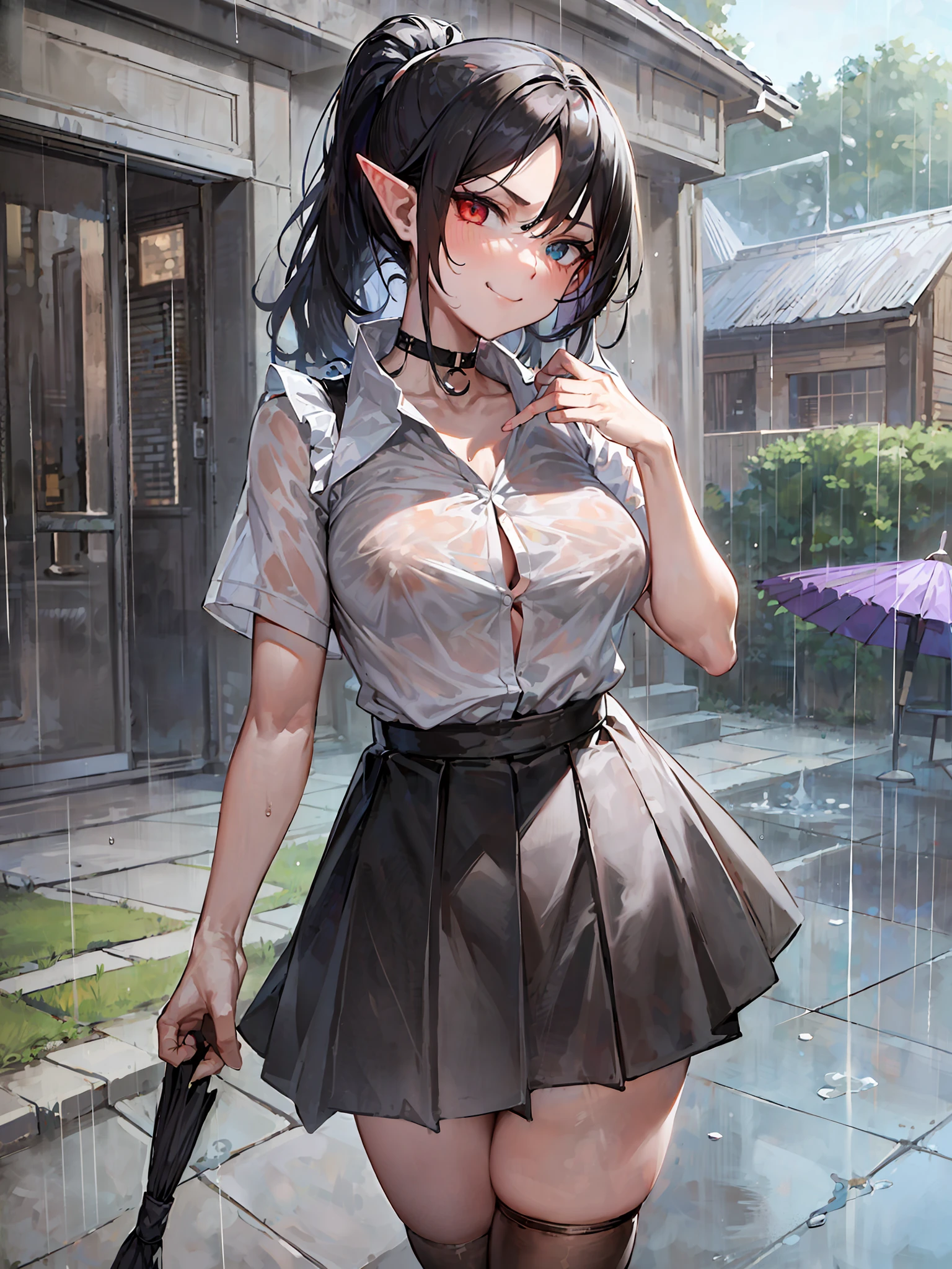 (masterpiece, 4k ,ultra detailed:1.2),(beautiful face:1.2),(anime:1.2),illustration,
(solo:1.2),
(smile,smirk,smug:1),(angry,troubled eyebrow:1.1)
(looking at viewer:1.4),portrait,
(standing:1.2),(supermodel:1.2),
(Residential area,house,peeking front entrance),(umbrella,raining,wet,splash:1.3),
(schoolgirl_uniform,long sleeve dress shirt,black pleated skirt,black black_socks,simple choker:1.1),(black fingernail:1.2),(frilled bra:1),
(black_hair),(medium length hair,ponytail),
(cleavage:0.5), (wide_hips:1),(milf,mature,35 years old:1.2),
fsb,frosuke
(string,abs,elf,bag,child,petite,heterochromia:1.1),(sfw,nipple,undress,short skirt, short sleeve:1.4),