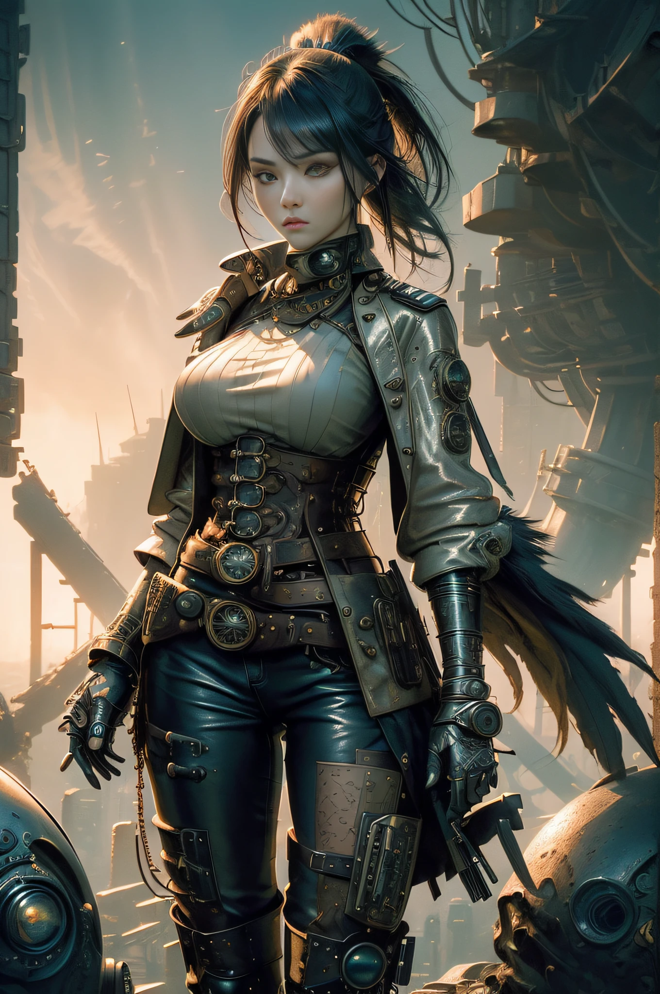 [Detailed illustrations, art based on extremely ideal anatomy, very detailed and detailed drawings, slow and delicate lines, realistic texture expression],((Color tressed lines)),(Artwork with outstanding craftsmanship),(Western ghost town background),HENTAI ANIME Girl Japanese Beauty 18 years old Ponytail Very big breasts (AUTOMATON) (( Gunslinger),(Raven) Leather coat ((Bullet belt)),((Dull metallic luster)),(Steampunk Alchemy),(Fine and beautiful skin expression (transparency))),(Perfect and beautiful face,Realistic face detail),(Perfect eye (Realistic pupil details (Beautiful iris drawn in detail) (Sharp pupil))),(Perfectly proportioned proportions)),((Complex decoration ( Ultra-dense detail)),(Detail,High definition),(High-level built design,((Advanced structural understanding)),Ideal color coordination),((Accurate simulation of light-material interactions,Understanding of air flow,Mechanically correct representation)),[Ultra-precision detail,HighQuality,High resolution,(Multilayer texture))],(( Visual art with a sense of narrative)).