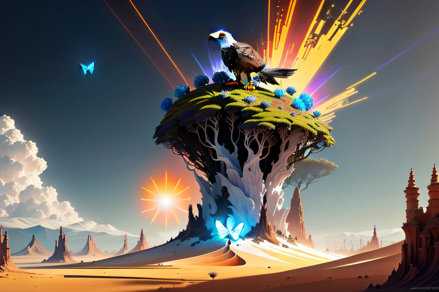 a futuristic three stars and a sun style ant hill with three shiny colors white, blue and red,at its height there is a large eagle perched, around there are beautiful plants and butterflies, with some visual effects,fantasy, ambiance hd, HDR, 4k upscale, v--4.
