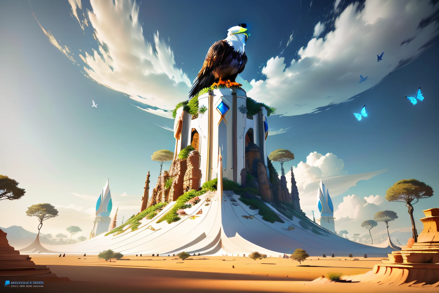 a futuristic three stars and a sun style ant hill with three shiny colors white, blue and red,at its height there is a large eagle perched, around there are beautiful plants and butterflies, with some visual effects,fantasy, ambiance hd, HDR, 4k upscale, v--4.