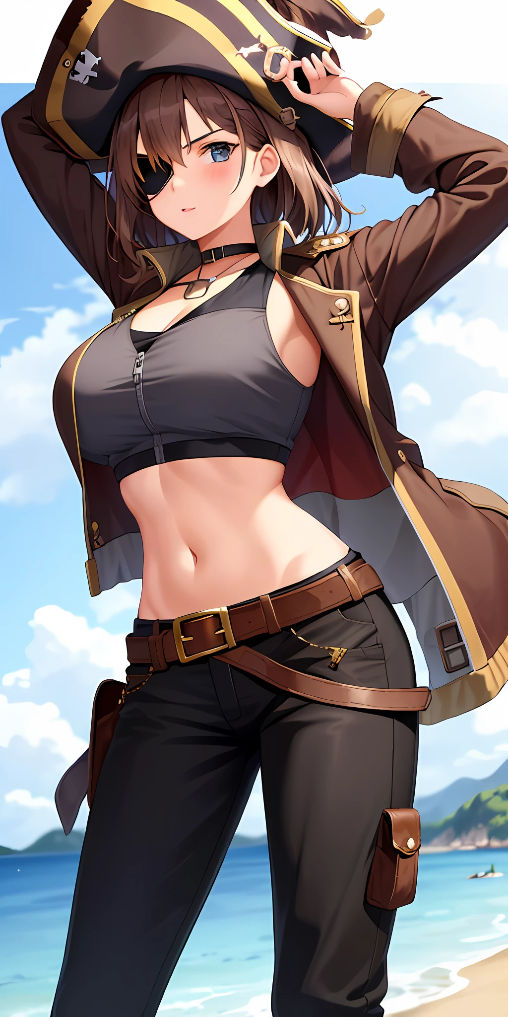 1girl, solo, brown hair, large breasts, pirate hat, (open jacket, crop top, eye patch), pants, island background