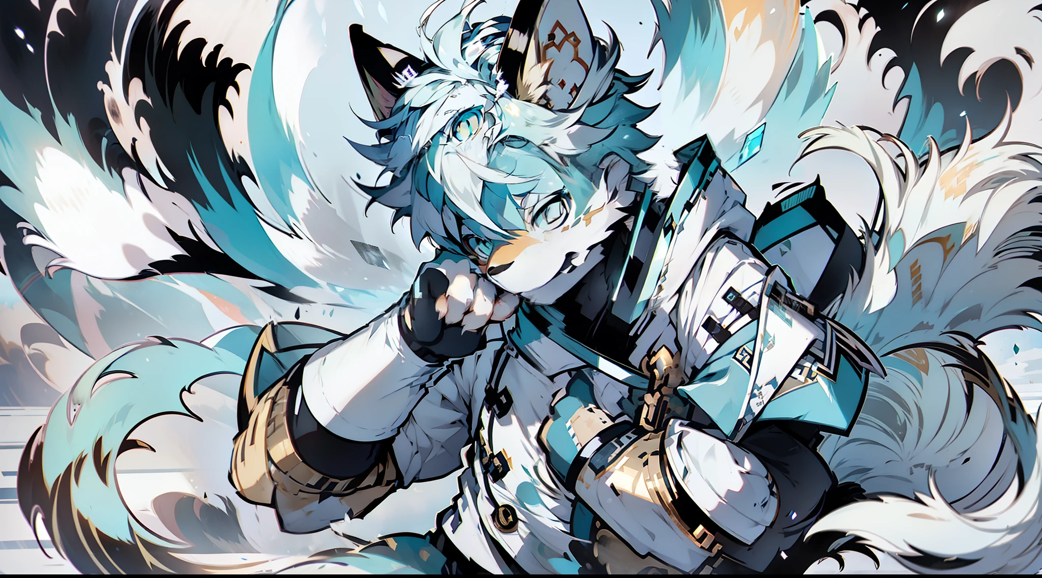 Masterpiece, best quality, highly detailed, Samoyedskaya, human, furry, canine, (furry), (clear cyan eyes), white hair, white dog tail, dog paws, (((black sleeves))), white short sleeves with hood, white cropped pants, swirling wind, control ice, outdoors, (((ice)), floating particles, ethereal power, whirlwind video game Genshin Impact, Genshin Impact style,