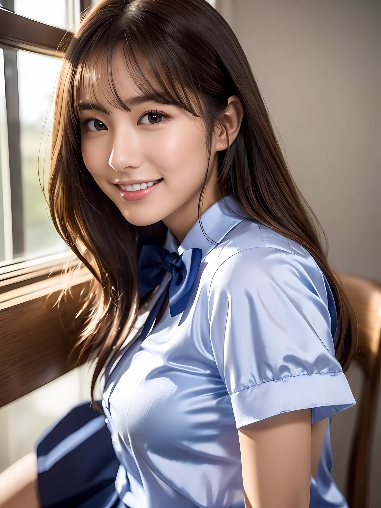 masterpiece, close up shot of a face, directly front view, a Japanese young pretty woman, sitting a chair alone with big smile in a classroom, and trying to unbutton her shirt, glamorous figure, wearing a short sleeves silky white collared shirt with shiny satin red plain bow tie, hyper pretty face, glossy lips, double eyelids in both eyes, natural makeup, long eyelashes, shiny smooth light brown hair of medium length, asymmetrical bangs, tanned skin, wearing a dark blue pleated skirt, head in the frame, central image, 8K resolution, high detail, detailed hairstyle, Detailed Face, spectacular cinematic lighting, octane rendering, vibrant, hyper realistic, perfect limbs, perfect anatomy
